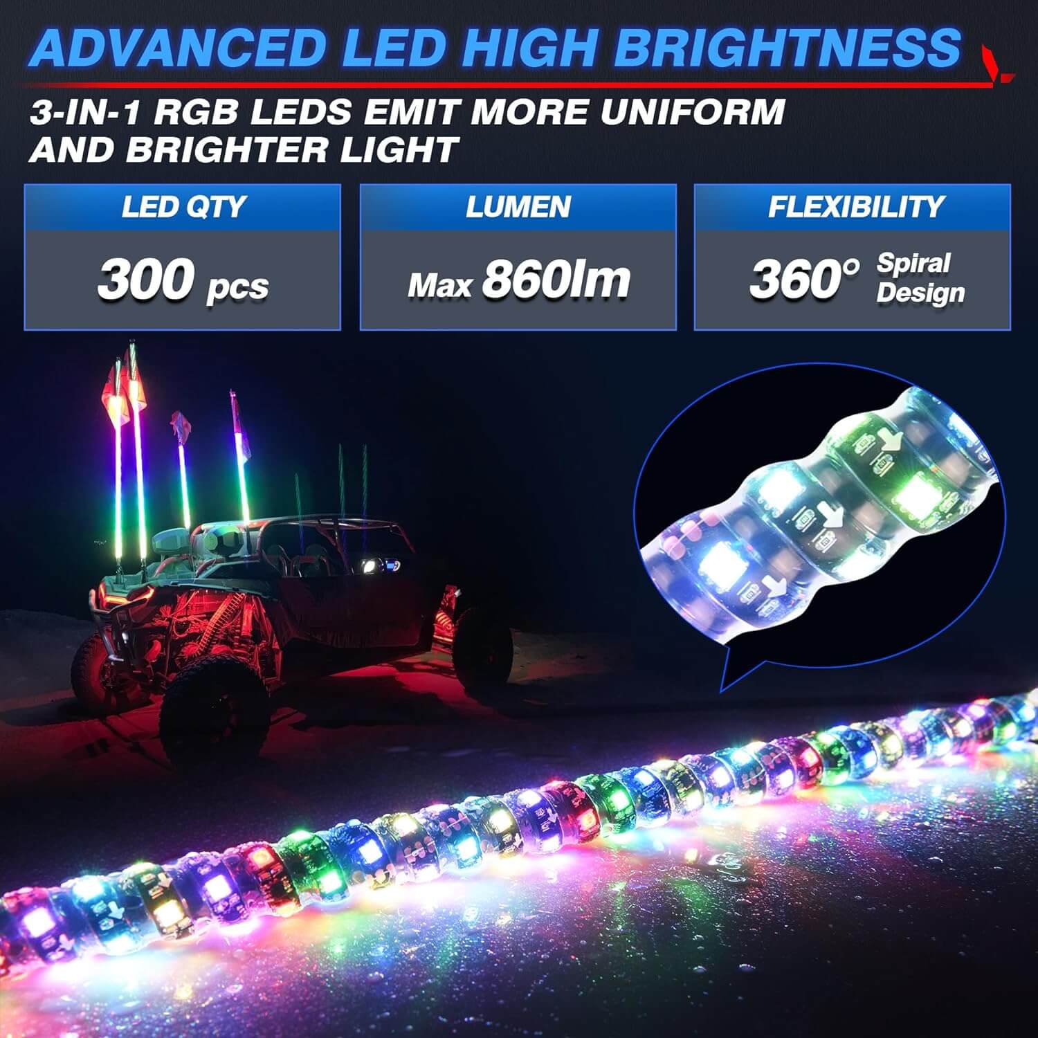 N8 RGB+IC LED Car Underglow Light Kit Bundle with LED Whip Lights Kit