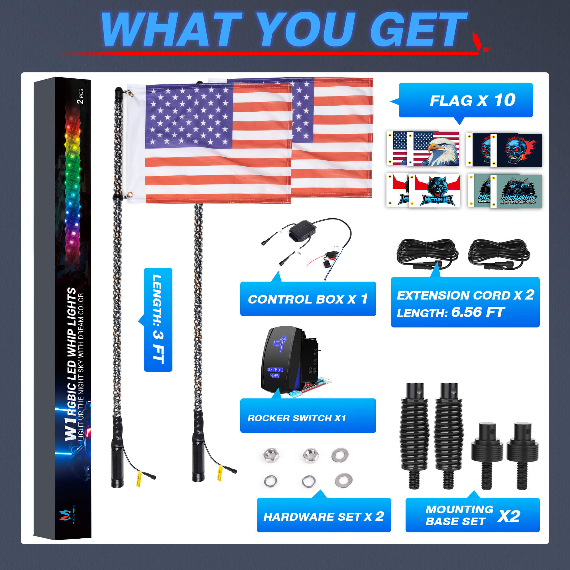 3FT/4FT LED Whip Lights Bundle with P1B RGB 5" 8/12 Gang Switch Panel