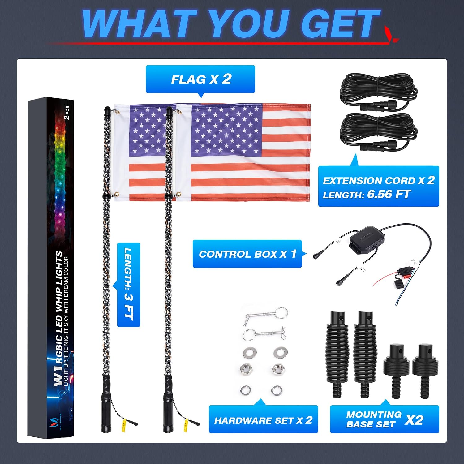 3FT/4FT W1 LED Whip Lights with Flags - Spiral Bendable RGB Chasing Color Antenna Whips - Bluetooth App Control