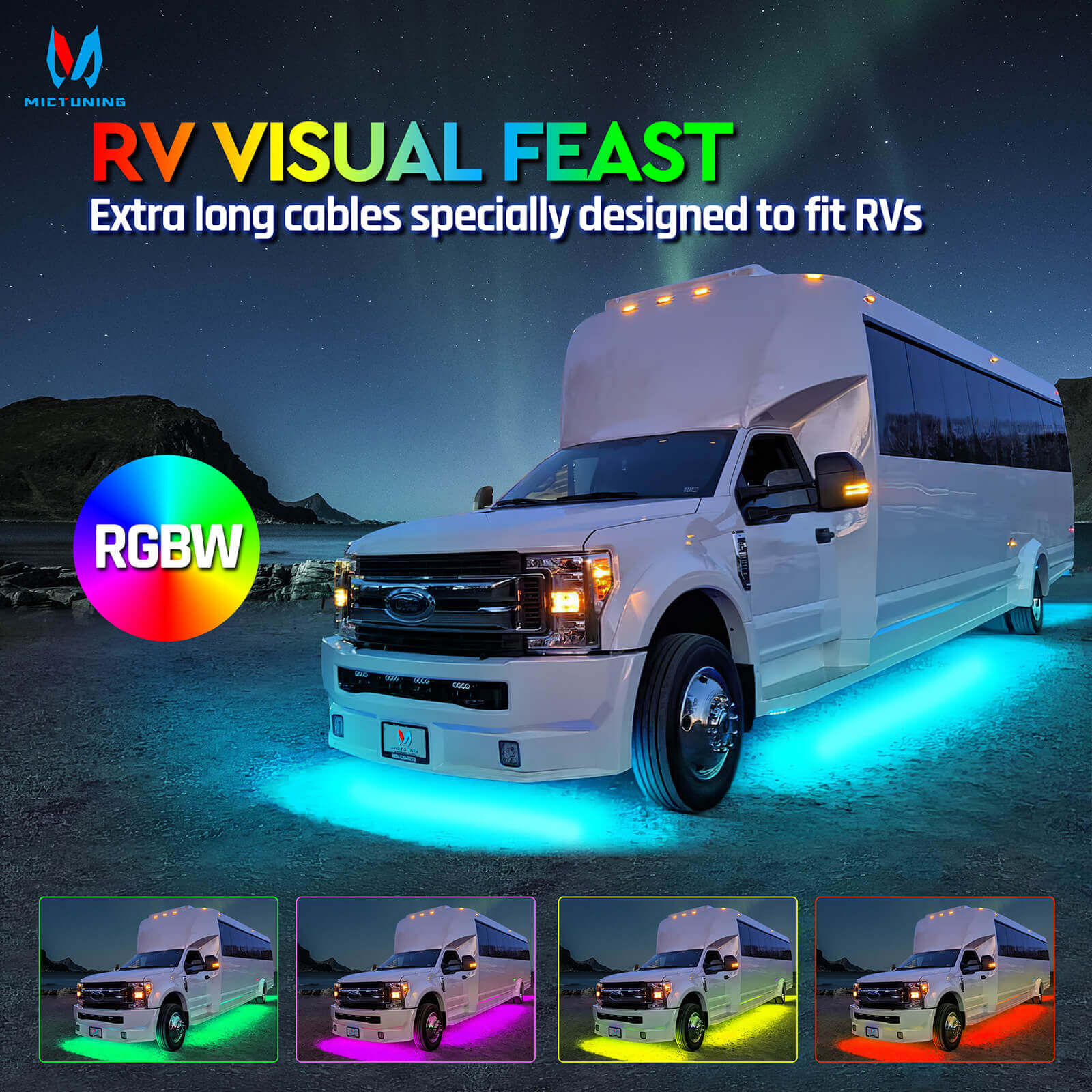 N8 RGBW Underglow Light Bars(RV Version), App/Remote Control, w/ 2pcs 11.4ft Extension Cords