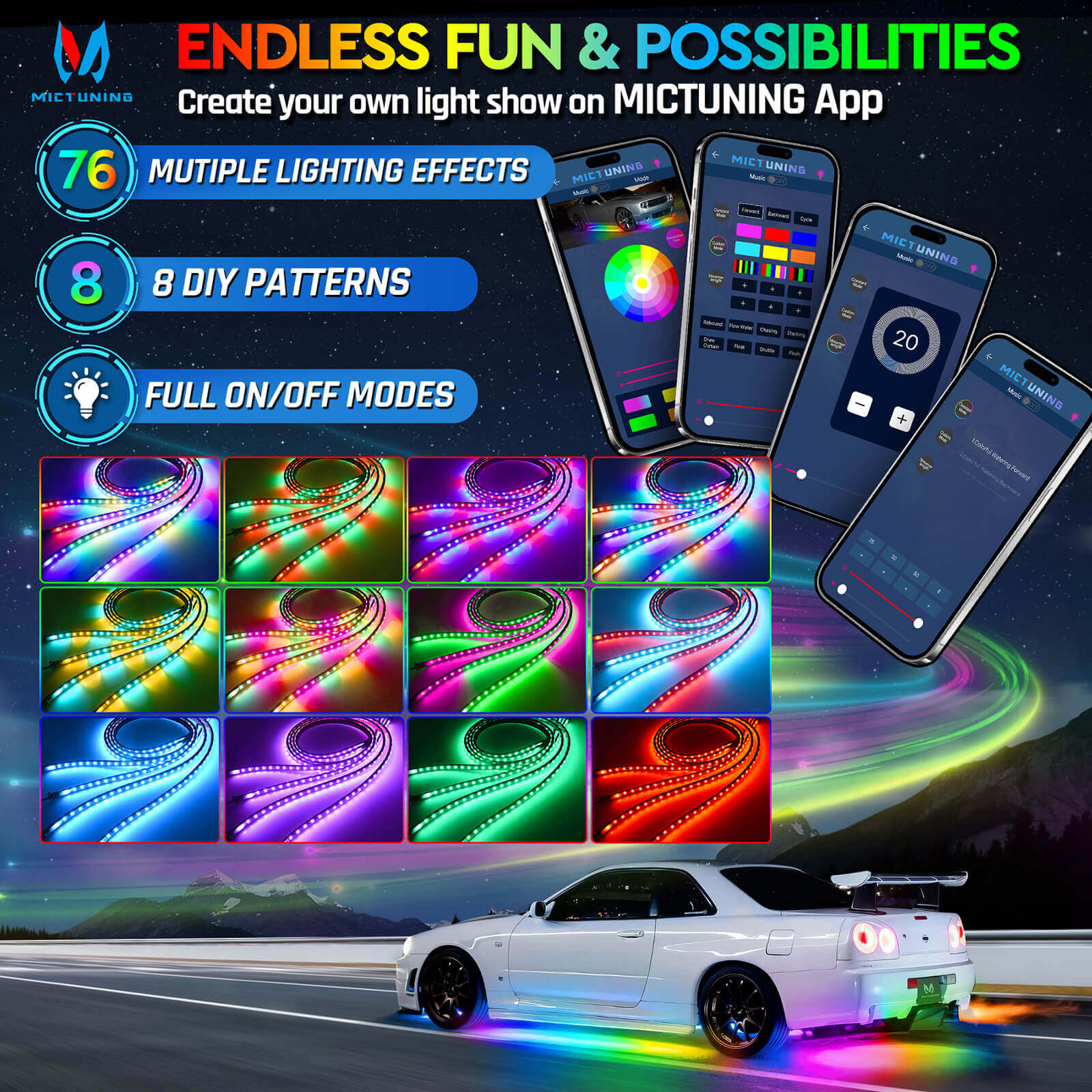 N3 Car Underglow Light Strip Kit, Chasing Dream Color RGB+IC LED, Wireless App Control, Set of 4 (2.9ft and 3.9ft)