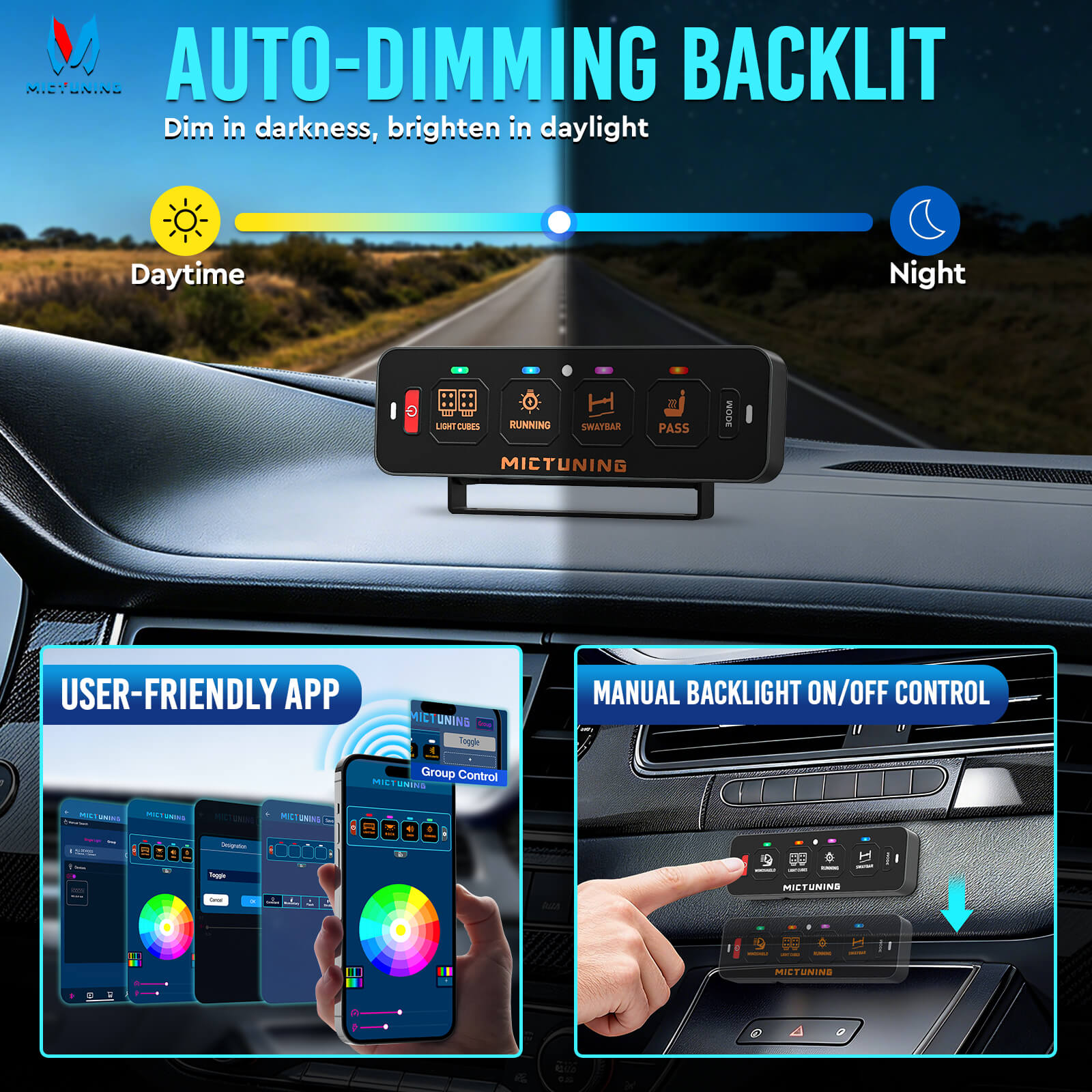 MS-A Slim App Control Switch Panel 4 Gang/6 Gang, RGB Auto-dimming Backlit, Multifunction Toggle Momentary Flash Strobe Circuit Control Relay System Box
