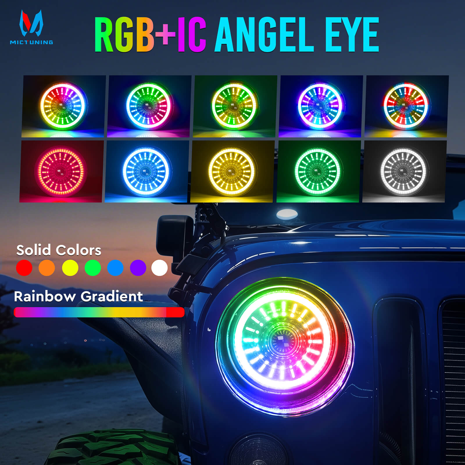 J1 RGB+IC 7″ Anti-glare LED Headlights, Multi-color Chasing, DOT Approved, For 1997-2018 Jeep Wrangler TJ JK Chevy Ford GMC