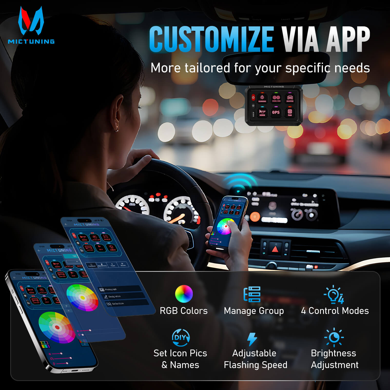 MICTUNING Upgraded P1Y RGB Switch Panel with Remote+App Control, 6/8/12 Gang, Remote Control Range Up to 230FT