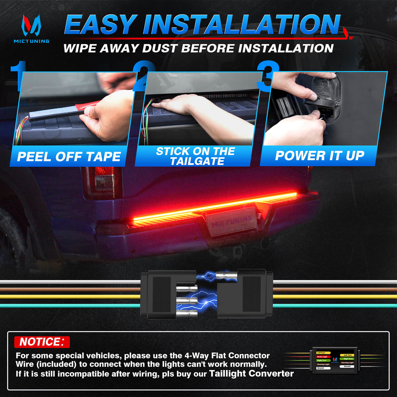 48" Truck Tailgate Light Strip Triple Row 360 LED with Red Running Brake Sequential Turn Signal, Strobe & White Reverse Lighting