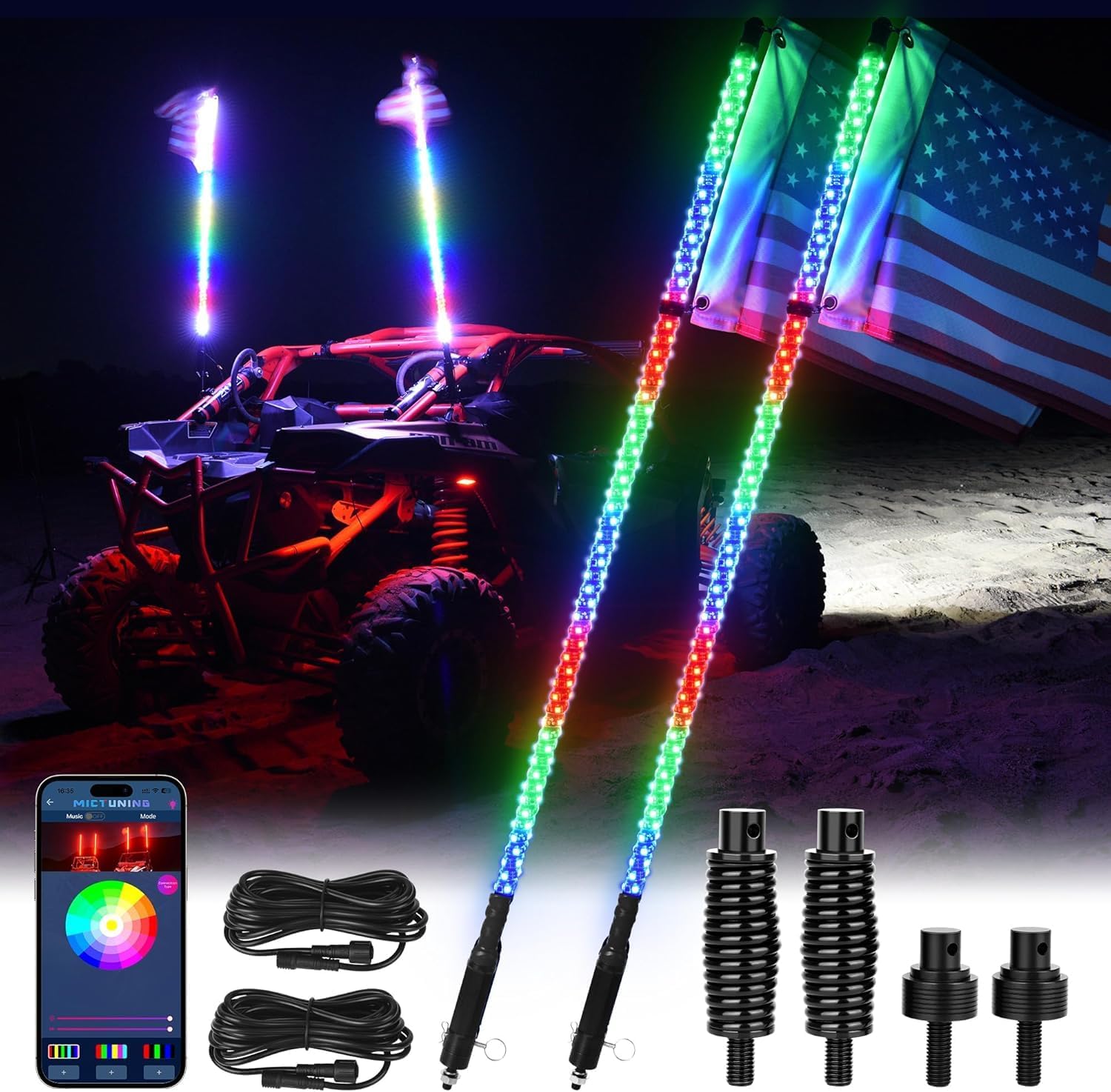 3FT/4FT W1 LED Whip Lights with Flags - Spiral Bendable RGB Chasing Color Antenna Whips - Bluetooth App Control
