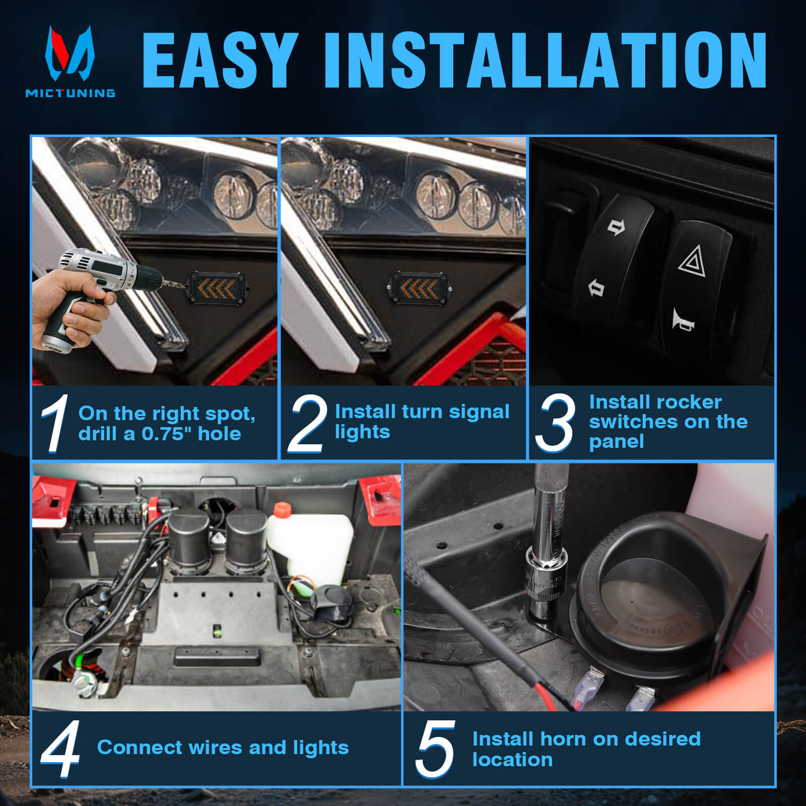 UTV Turn Signal Kit with 110D Horn, Pre-Wired, Plug and Play UTV ATV Arrow-Flow Blinker with Rocker Switch for Polaris, Can-Am, Teryx, CFMOTO