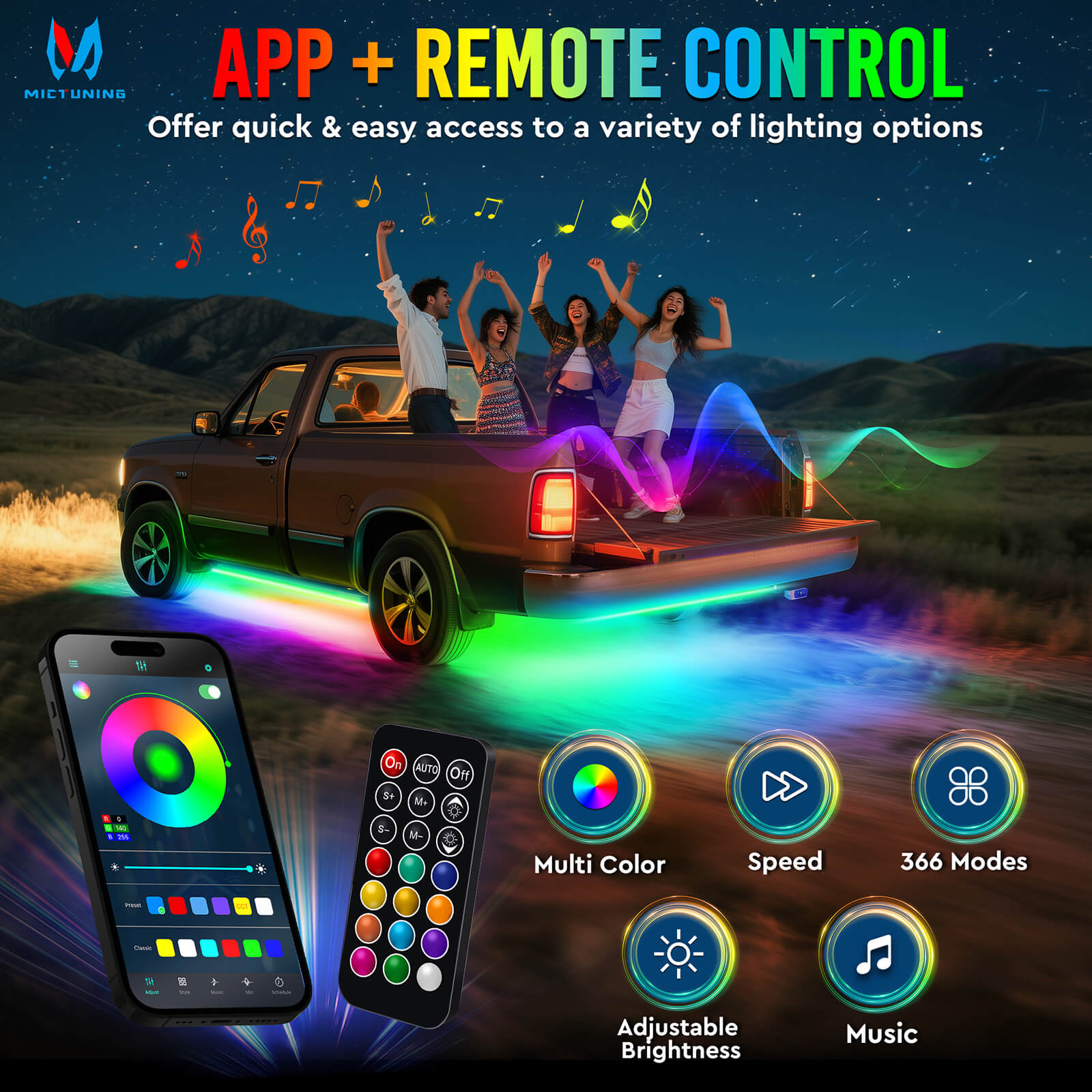 RGB+IC Car Underglow Neon Accent Strip Lights, APP & Remote Control, Sound Active Function, Music Mode(2x35″+2x47″/4x35″+2x47″ )