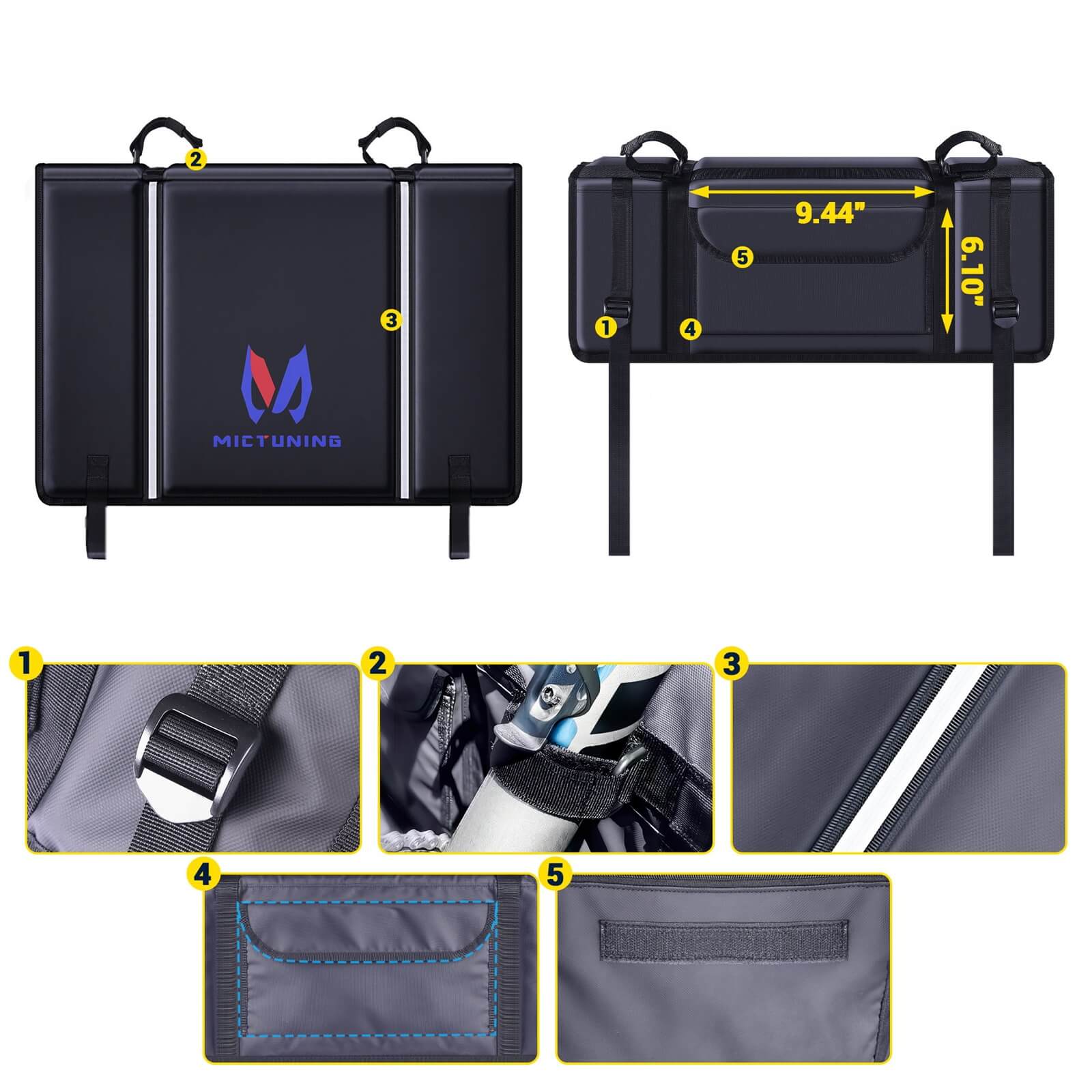Upgraded Tailgate Bike Pad for Mountain Bike, Secure 2 Bicycles/5 Bicycles, Weatherproof, Reflective Strips, Tool Pocket, for Truck Outdoor Transportation