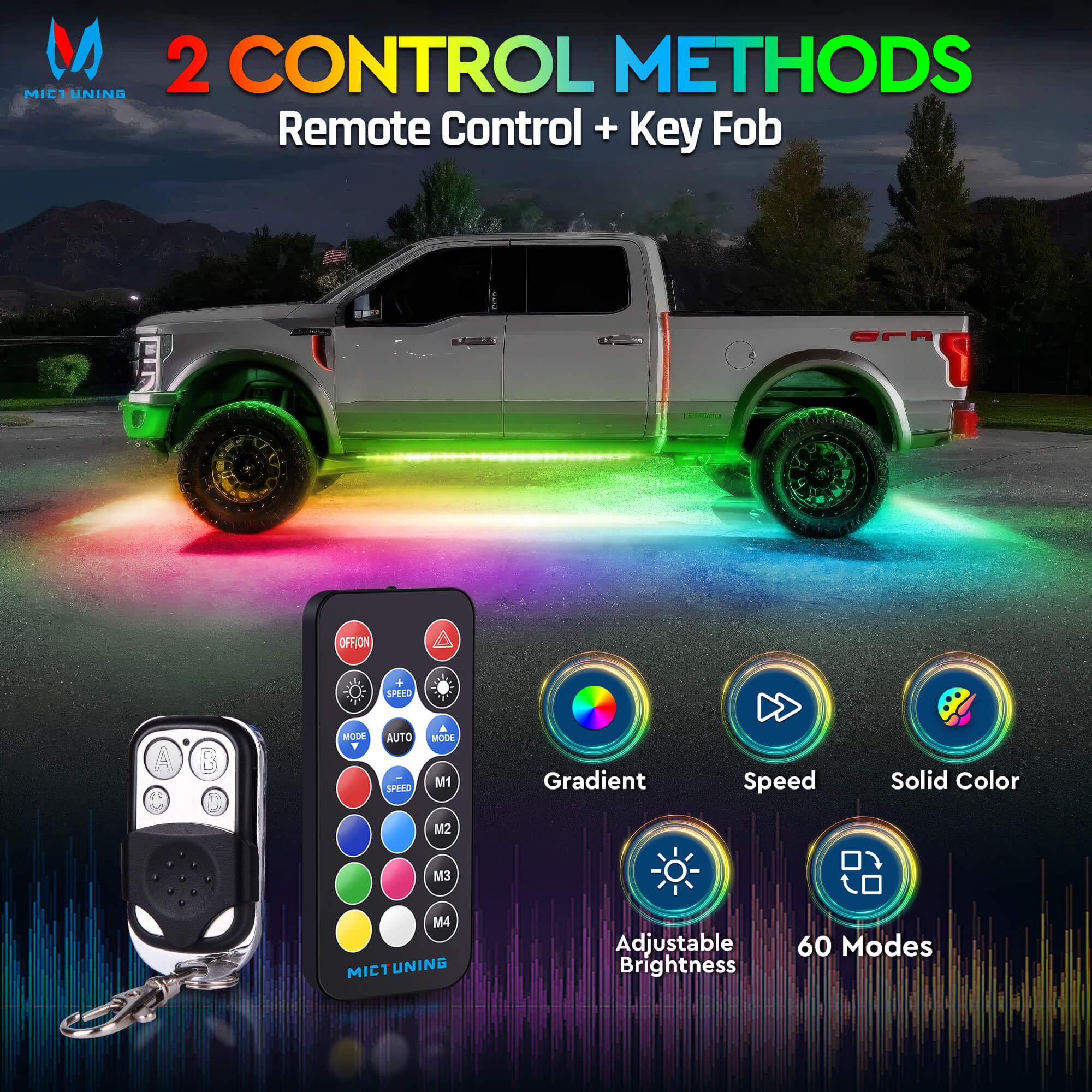 N8 Aluminum LED Car Underglow Light Kit, Exterior Underbody Light Strip 8PCS - Remote & Key Fob Dual Control(RGBW/RGB+IC)