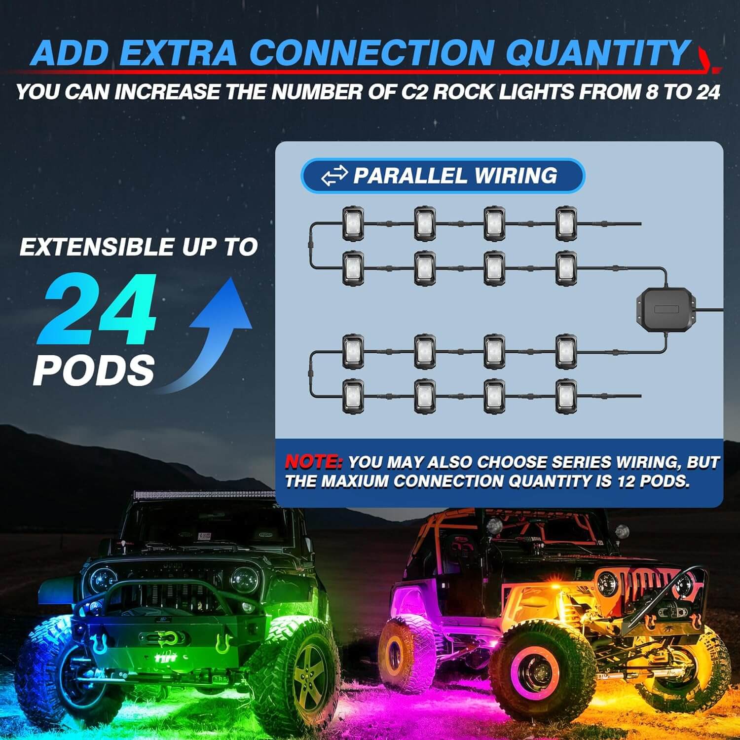 C2 RGB+IC LED Rock Lights Kit with 1pcs 6.56ft Extension Cable