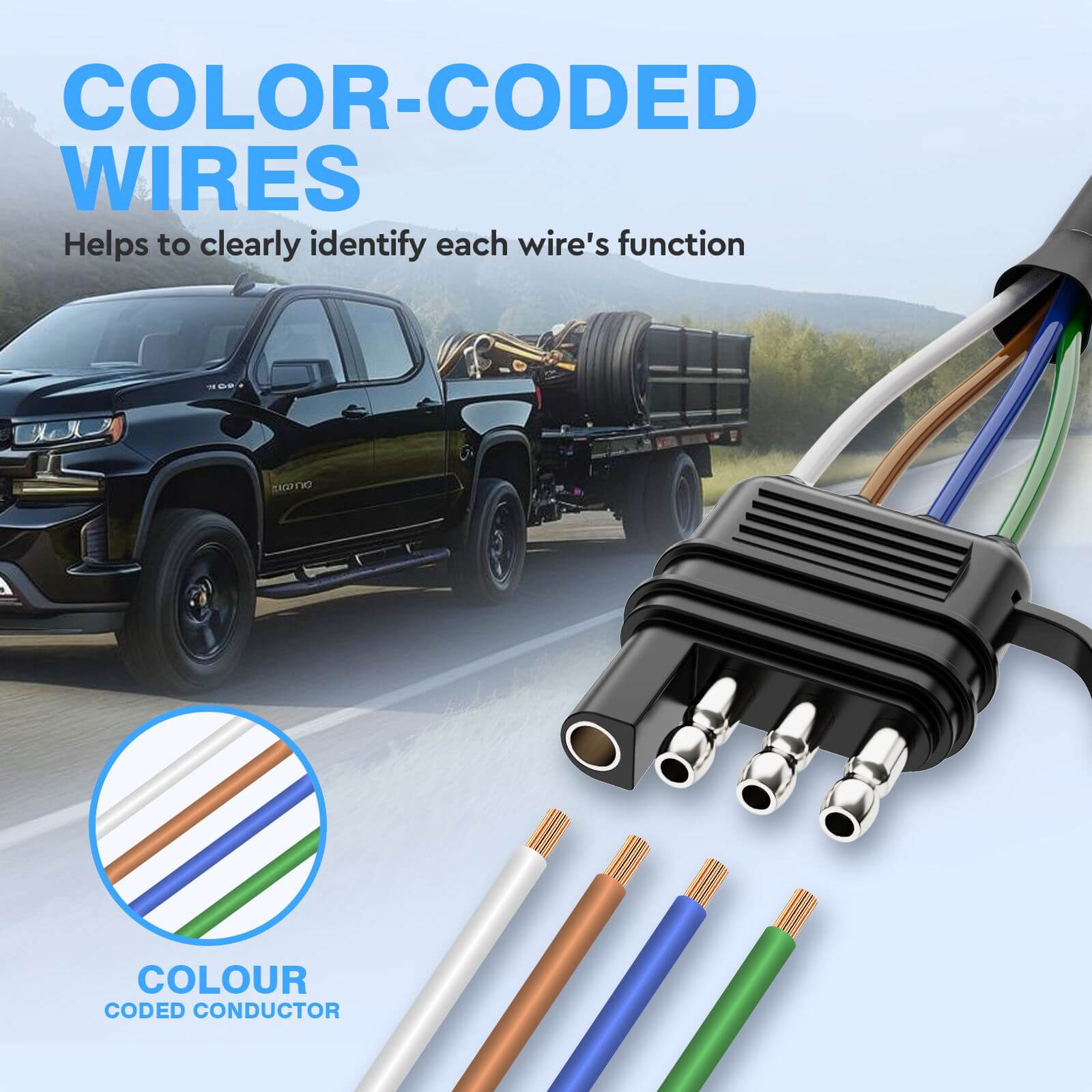 4 Pin Flat Trailer Extension Cable 12 inch, 16 AWG Pure Copper Wire Vehicle-Side and Trailer-Side 4 Way Connector