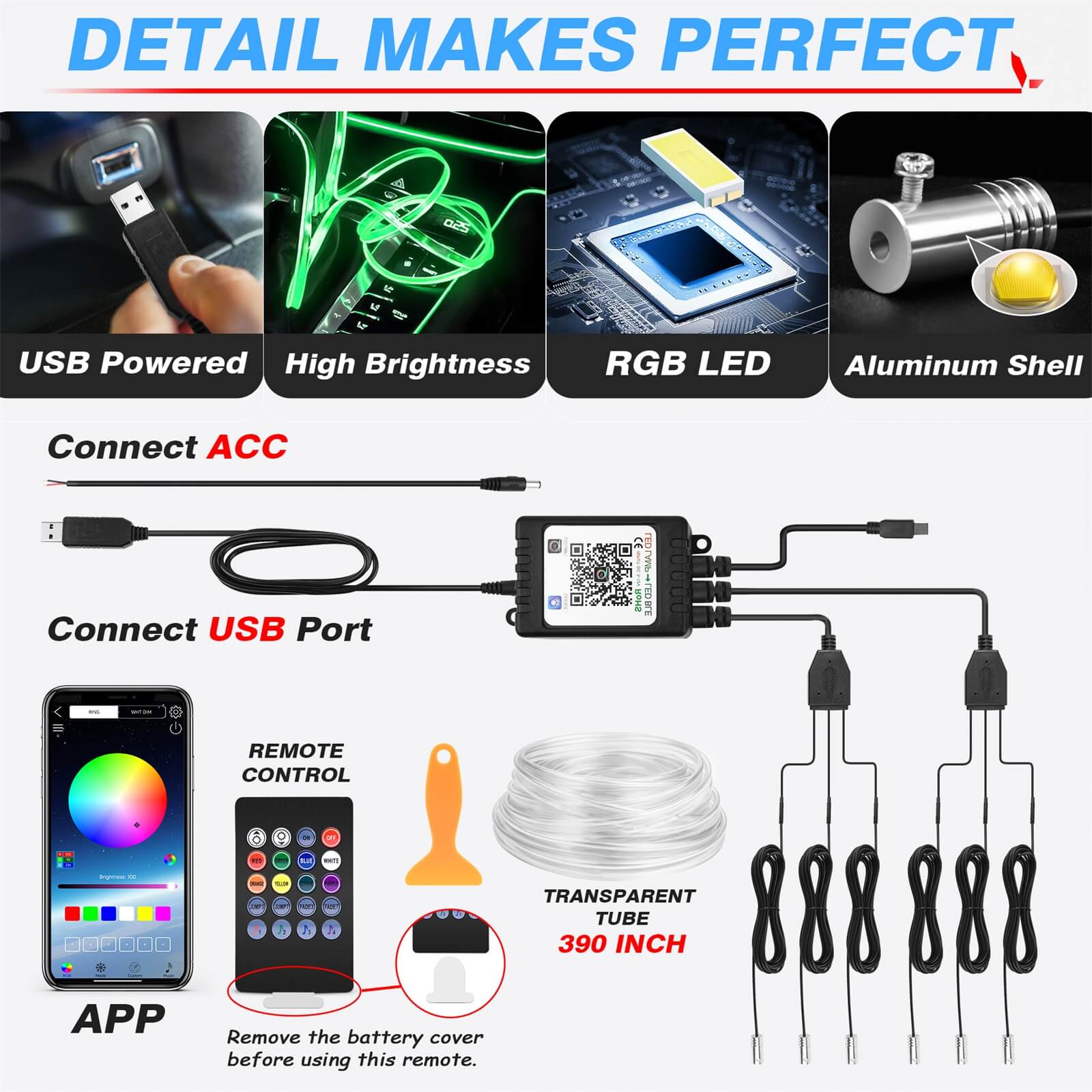 Interior Car LED Strip Lights, RGB Neon Ambient Lighting Kit with Fiber Optic Tubing, 16 Million Colors, Wireless APP & Remote Control, 6-in-1 /8-in-1 /10-in-1