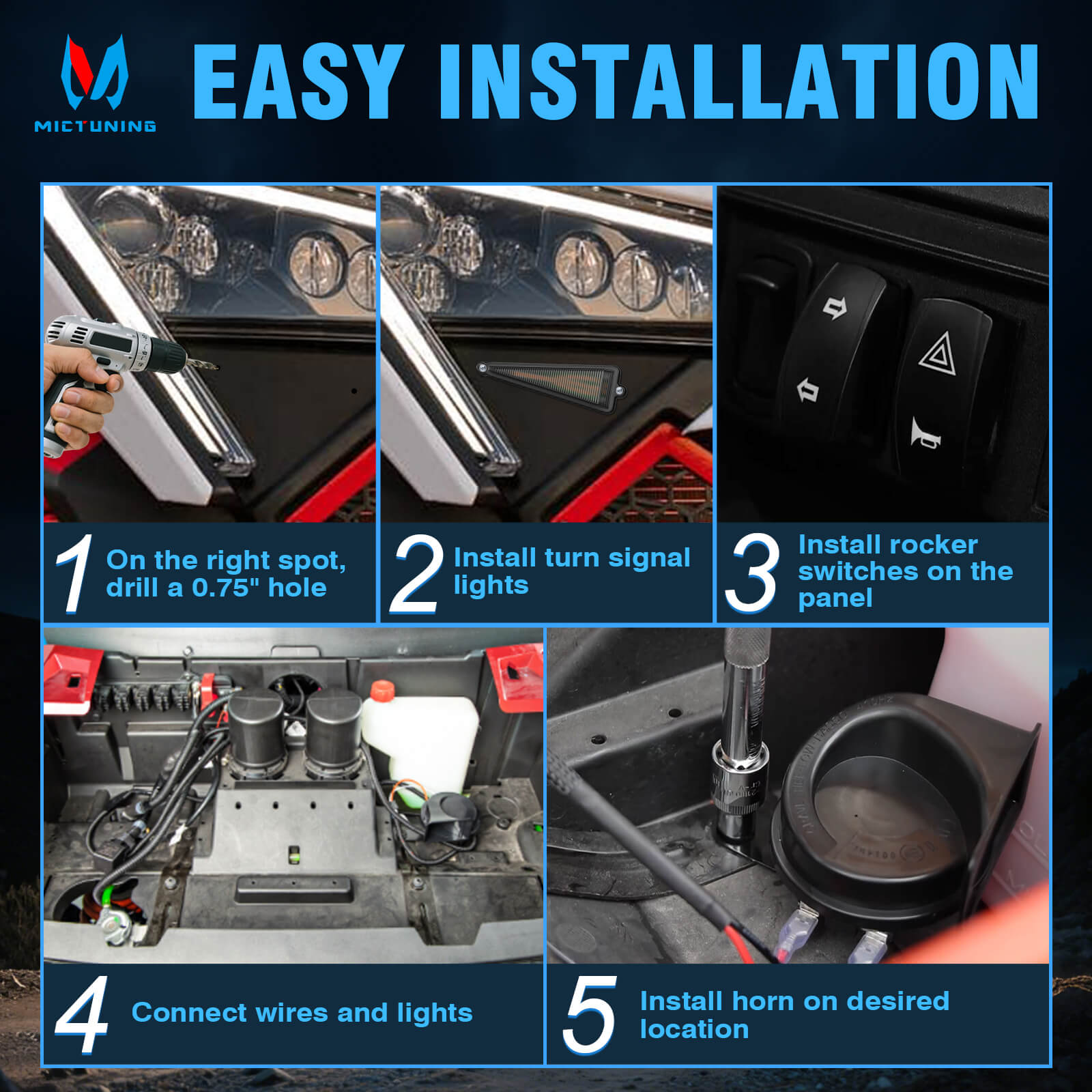 UTV Turn Signal Kit with 110D Horn, Pre-Wired, Plug and Play UTV ATV Blinker with Rocker Switch, Triangle Flowing Street Legal Turn Signals for Polaris, Can-Am, Teryx, CFMOTO