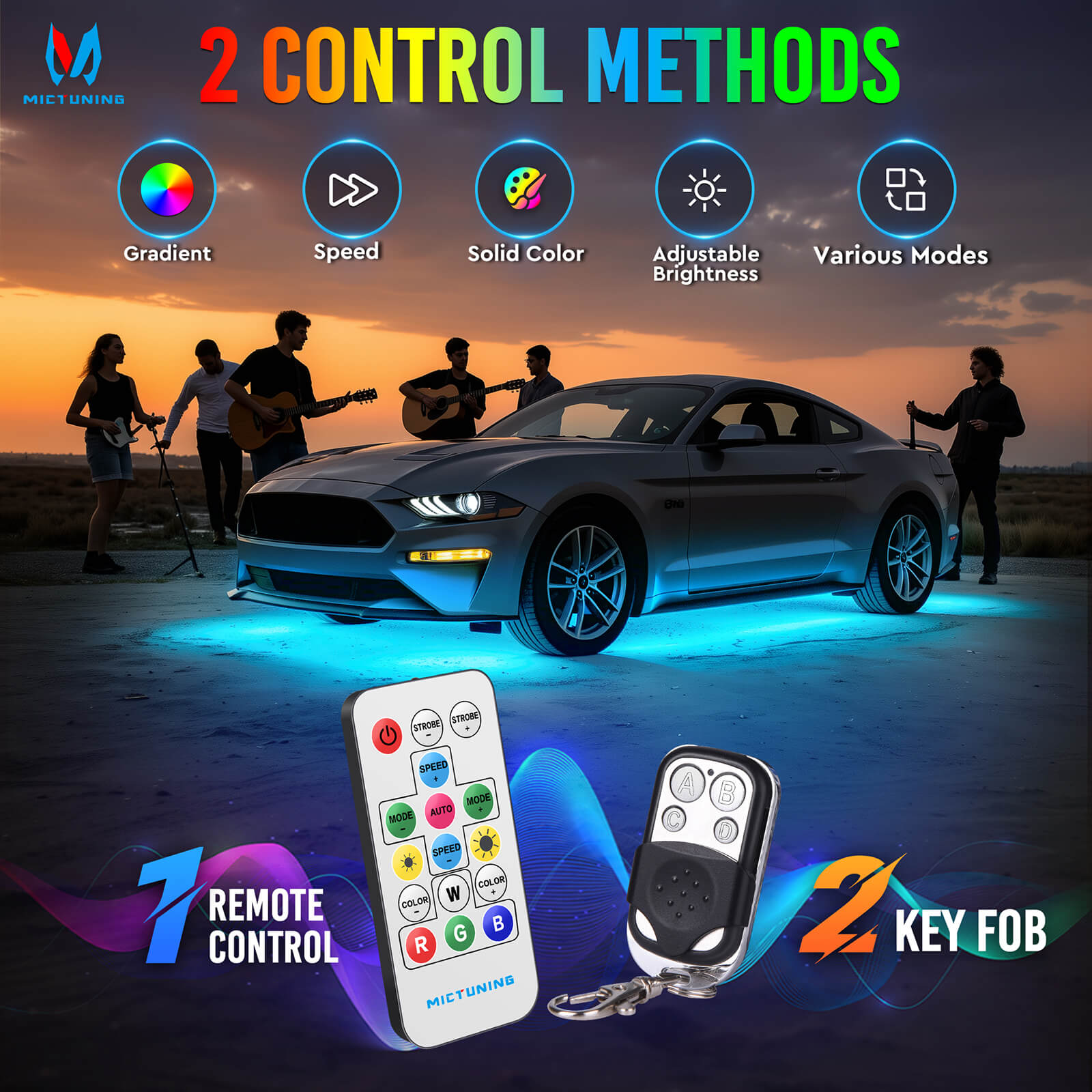 U8 RGB+IC/RGBW/RGB Underglow LED Light Bar, Dual Remote Control, Chasing Color Underbody Light Strip with Aluminum Housing, IP68 Waterproof, 8pcs