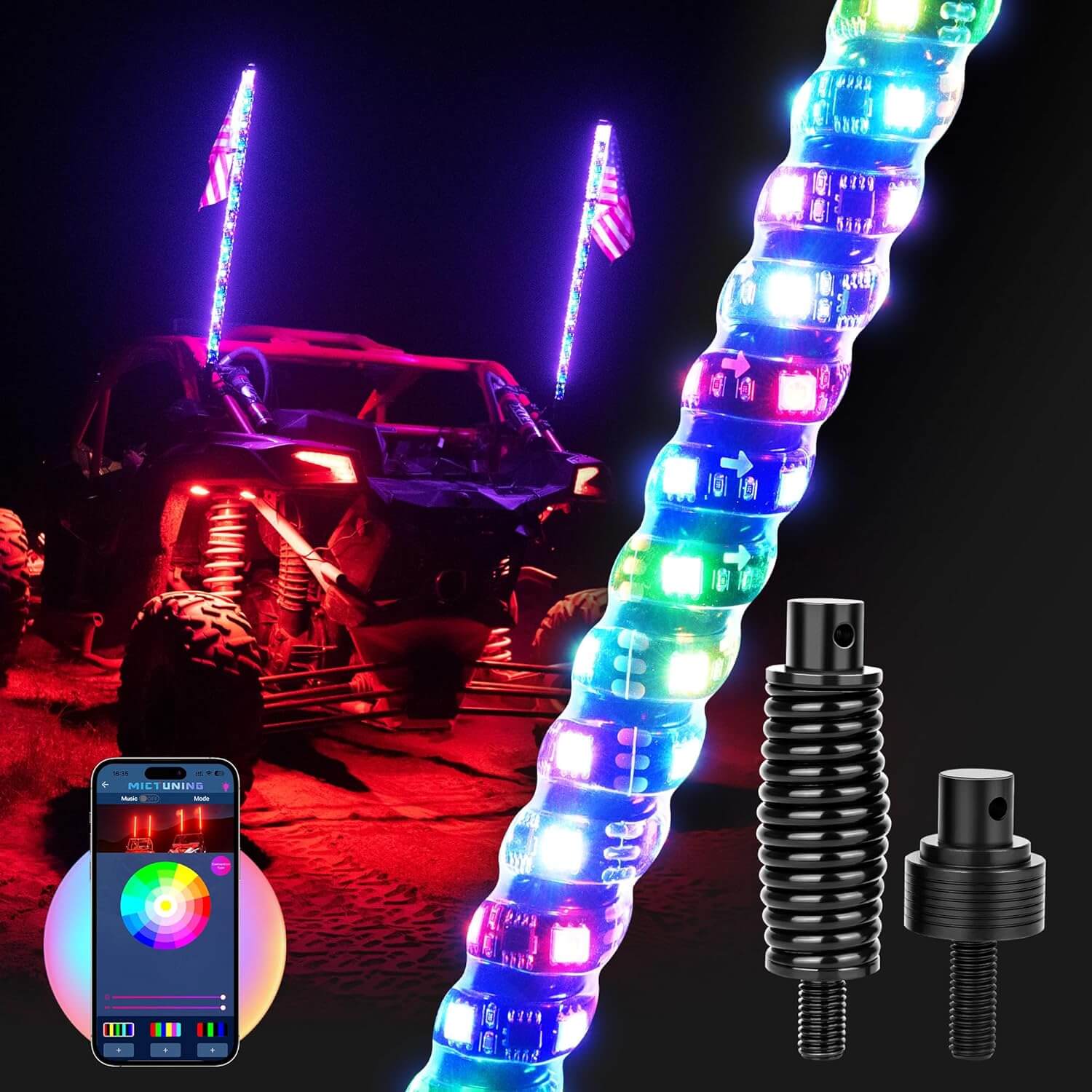 Three-Piece RGB+IC Collection, C2 RGB+IC Rock Lights 8 Pods, 4ft W1 Whip Lights Kit with 15.5″ Chasing Color Wheel Ring Lights