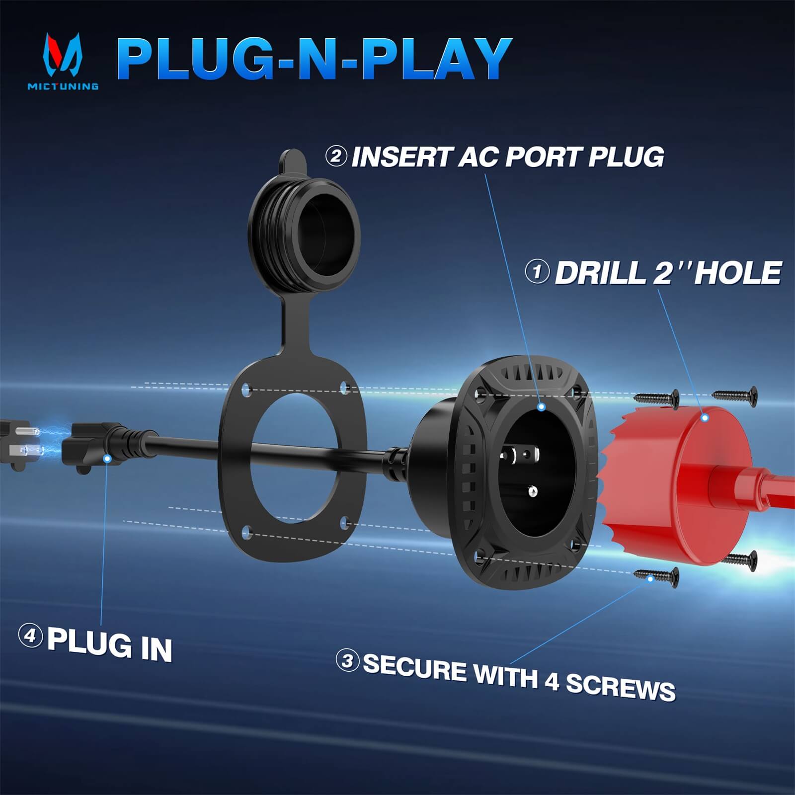 5-in-1 AC Port Plug 20A 125V, RV Shore Power Inlet Plug with T-Blade Adapter, w/ Hole Saw