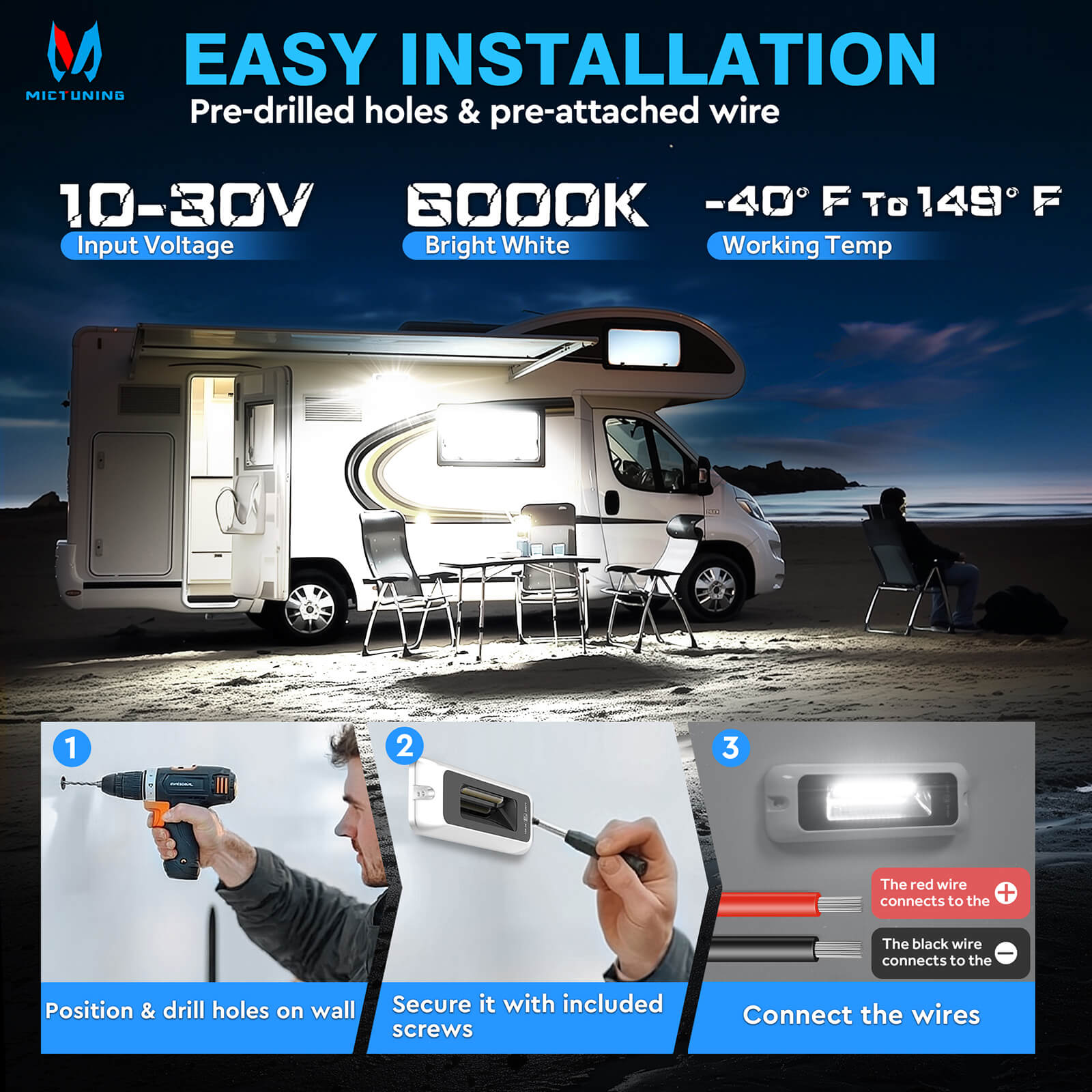 6 Inch/8 Inch RV Exterior Porch Light, LED Utility Awning White 6000K, Outdoor IP68 Waterproof Aluminum