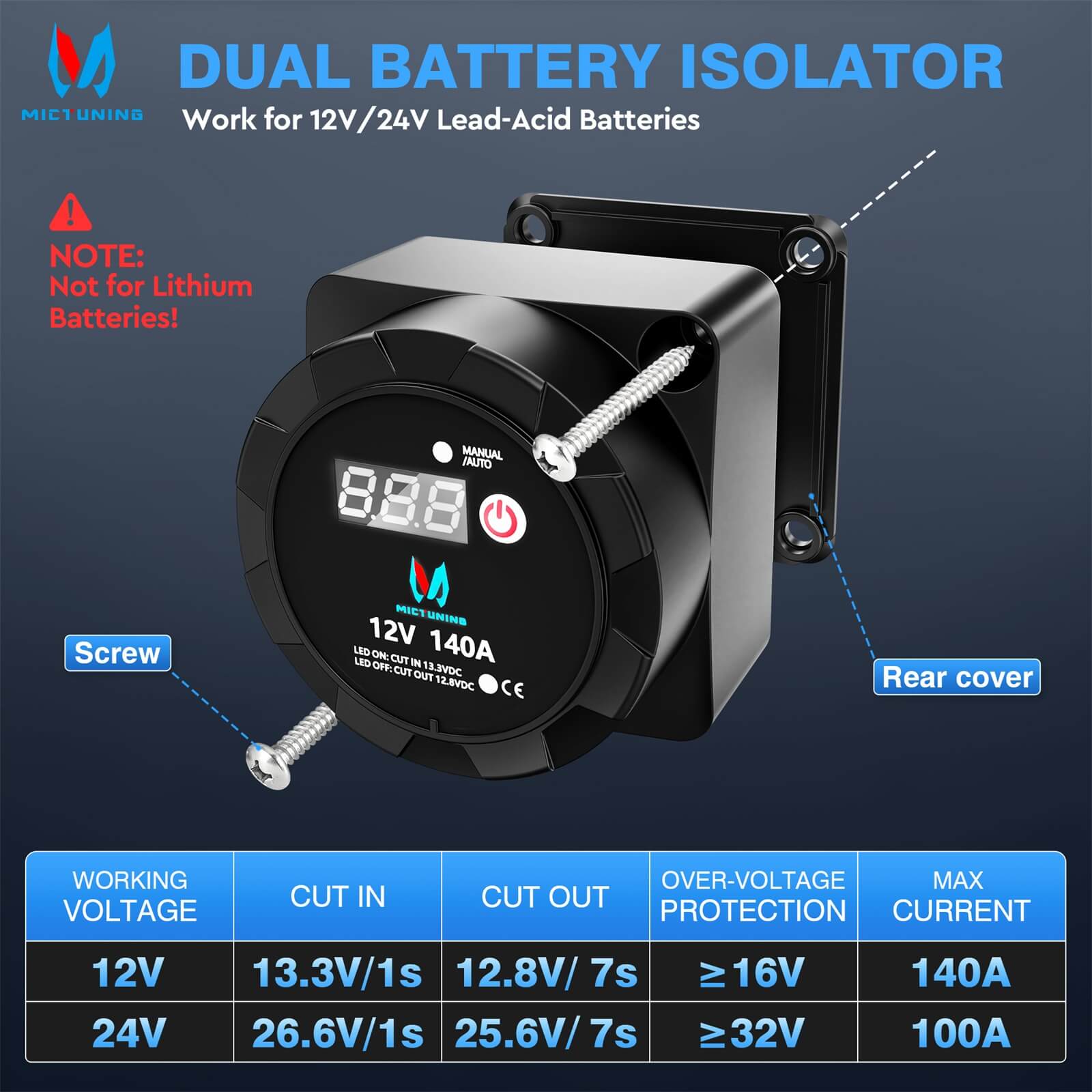 12V 140 AMP Dual Battery Isolator Voltage Sensitive Relay with Digital Voltmeter Smart VSR Manual/Automatic Charger Disconnect Lead-Acid Battery