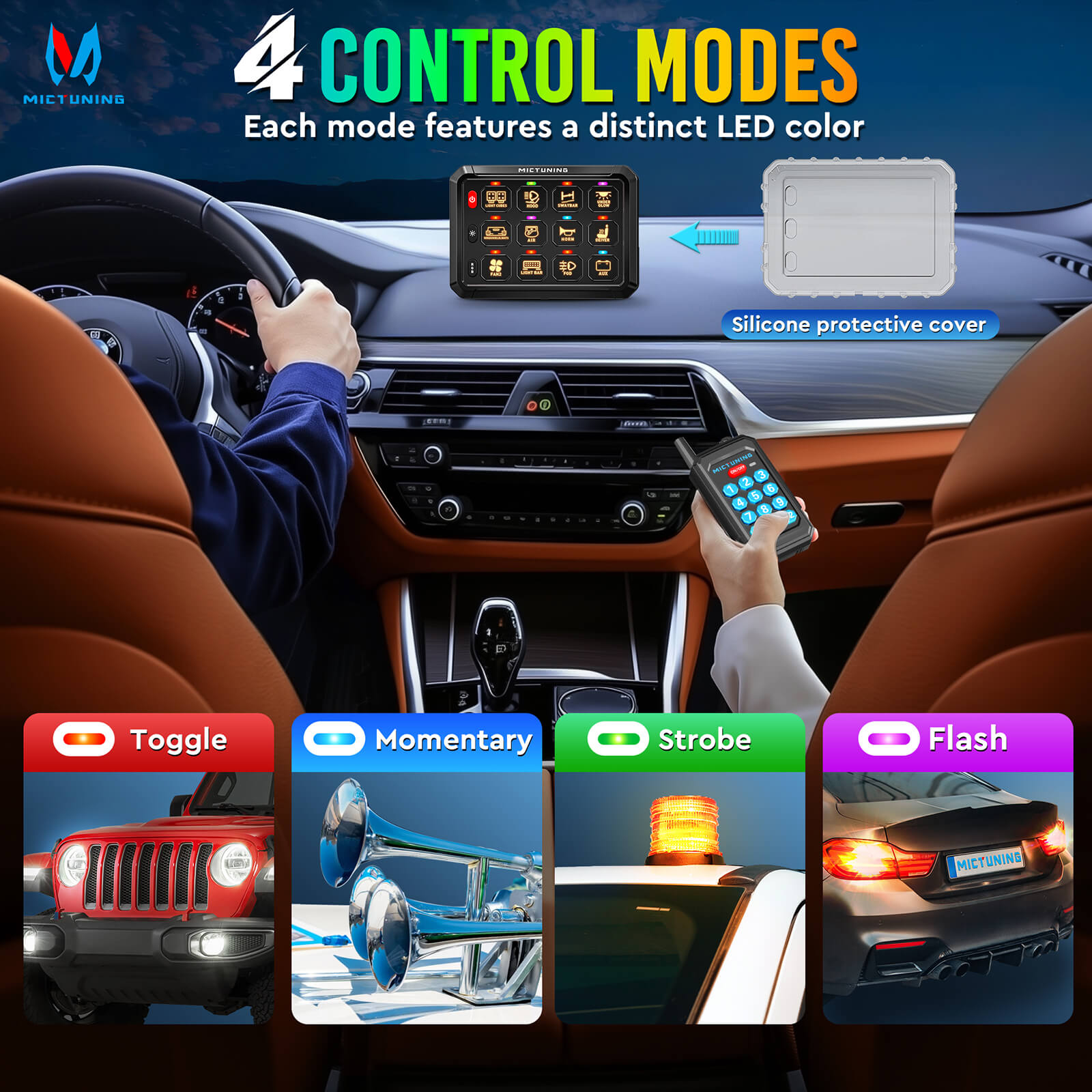 P1Y RGB Switch Panel with Remote Control Bundle with Q1 Max RGB+IC Rock Lights Kit 24LEDs/Pod Super Bright, 8-24 Pods