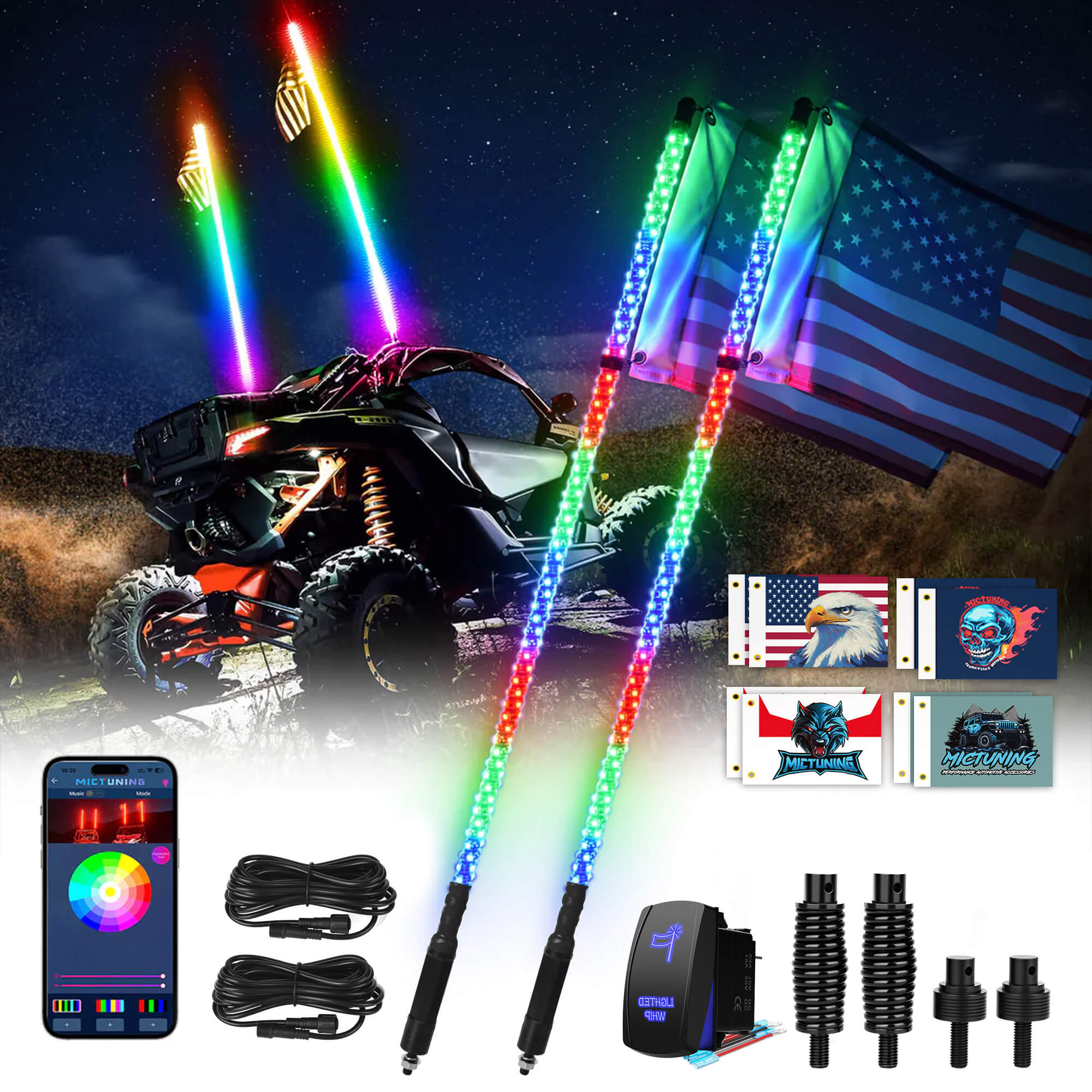3FT/4FT W1 LED Whip Lights with 10 Flags - Spiral Bendable RGB Chasing Color Antenna Whips - Bluetooth App Control