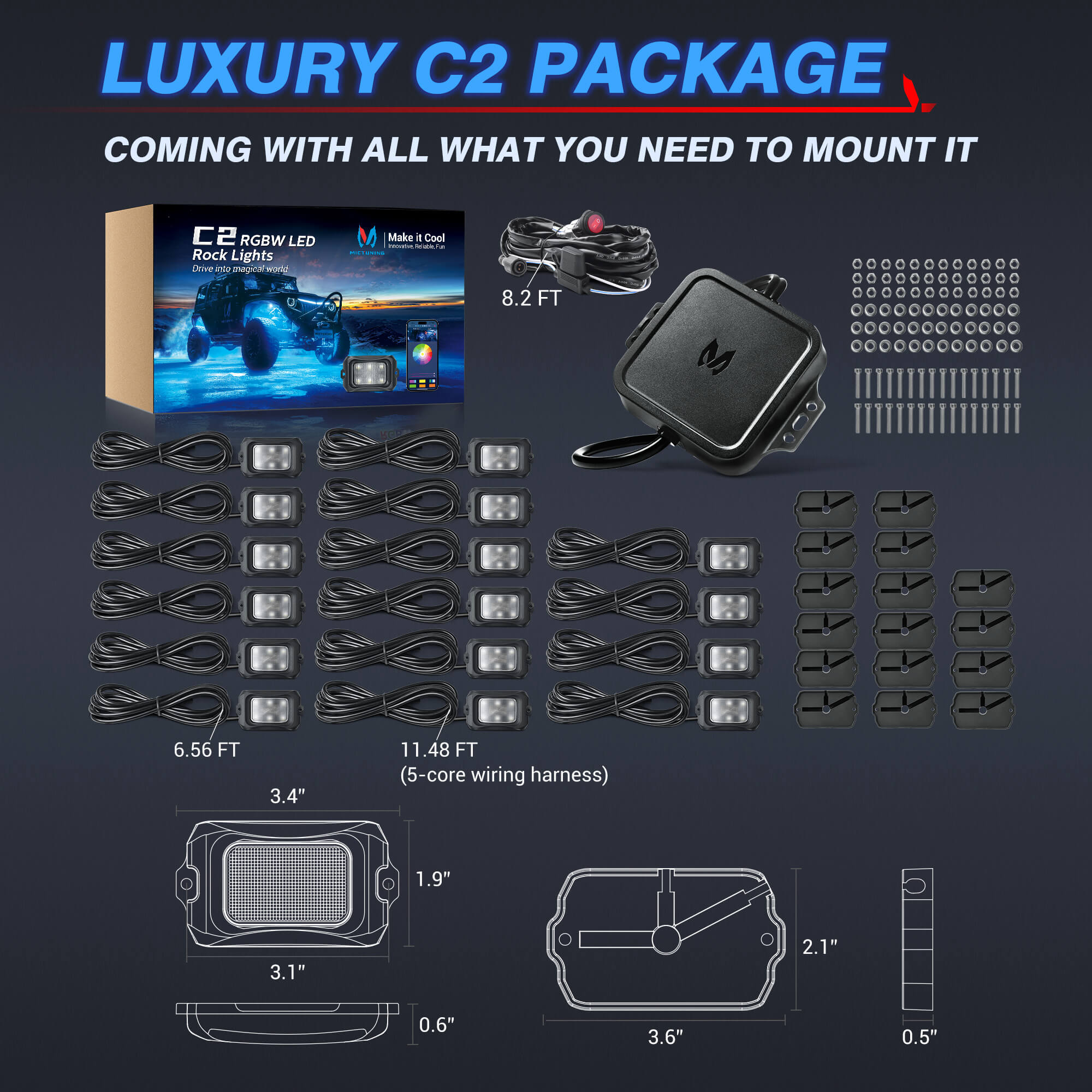 C2 RGBW LED Rock Lights Kit 8-16 Pods Bundle with P1s-W Wireless RGB Switch Panel 8/12 Gang, Up to 328FT Range