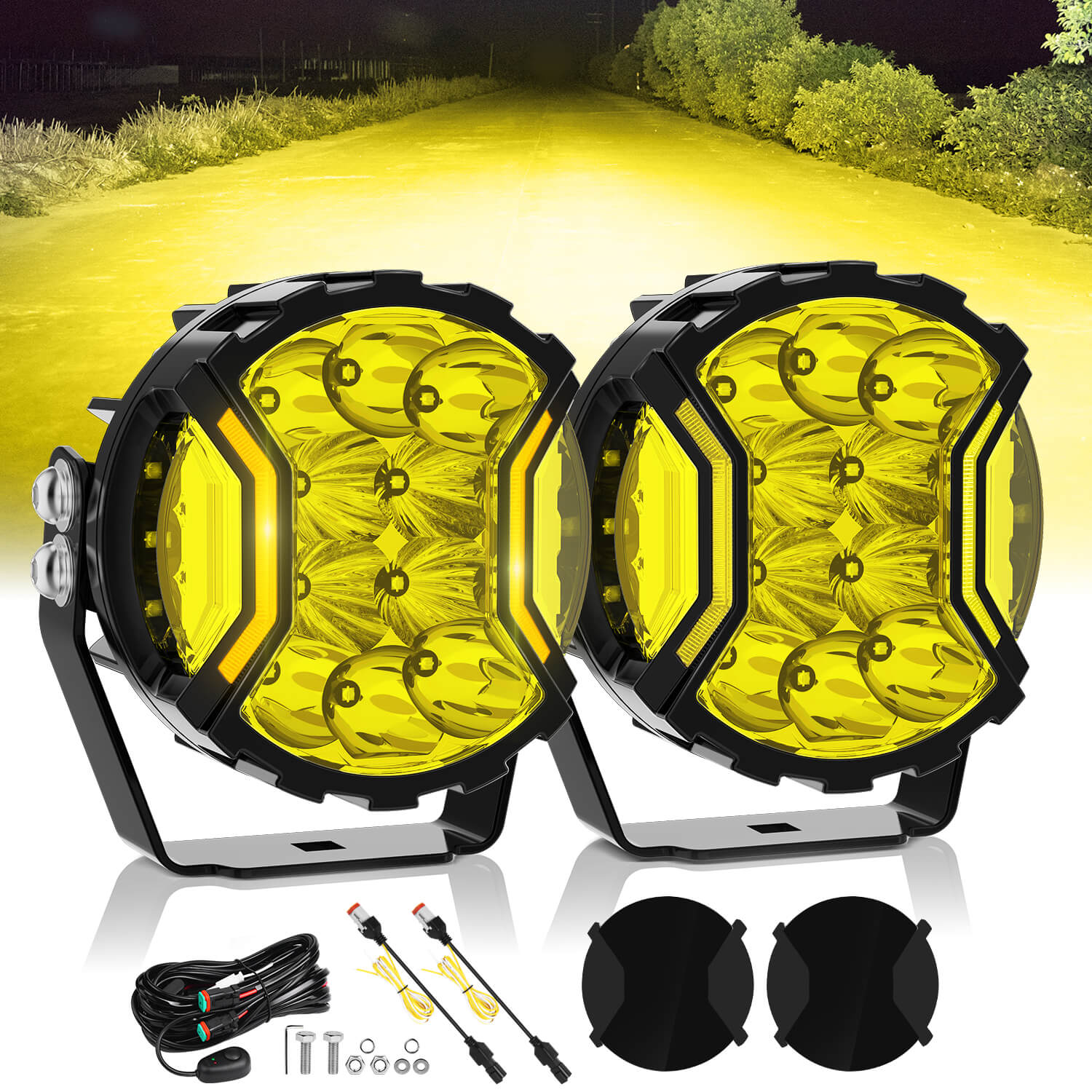 5 Inch 180W LED Light Pods White/Yellow - 270° Side Shooter with DRL & Turn Signal, Fog Spot Flood Auxiliary Ditch Lamps w/ Covers, Pair