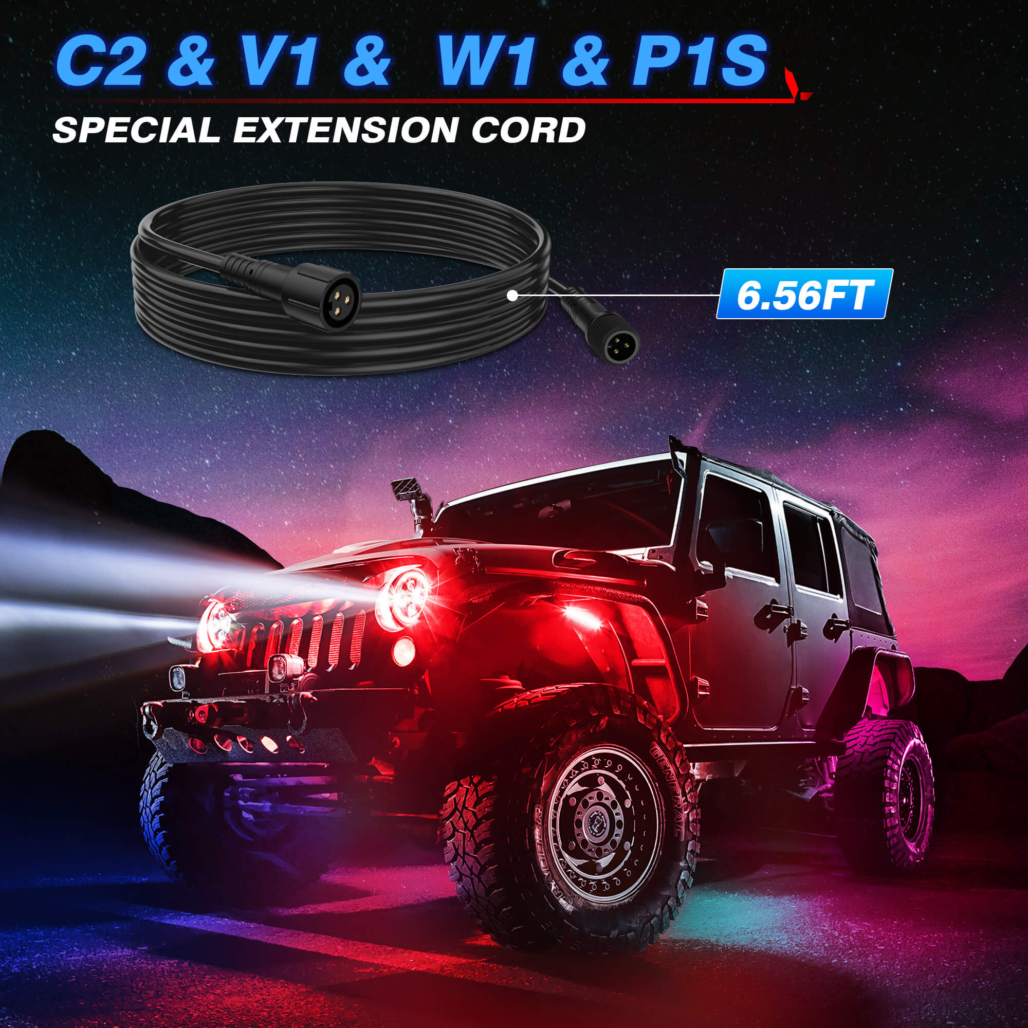 6.56FT 3-Pin Extension Cord Wire Cable for RGB+IC C2, Q1, V1, W1 Series Lights, P1B Switch Panel and Mictuning Whip Lights(Except for Whipless Whip Lights)