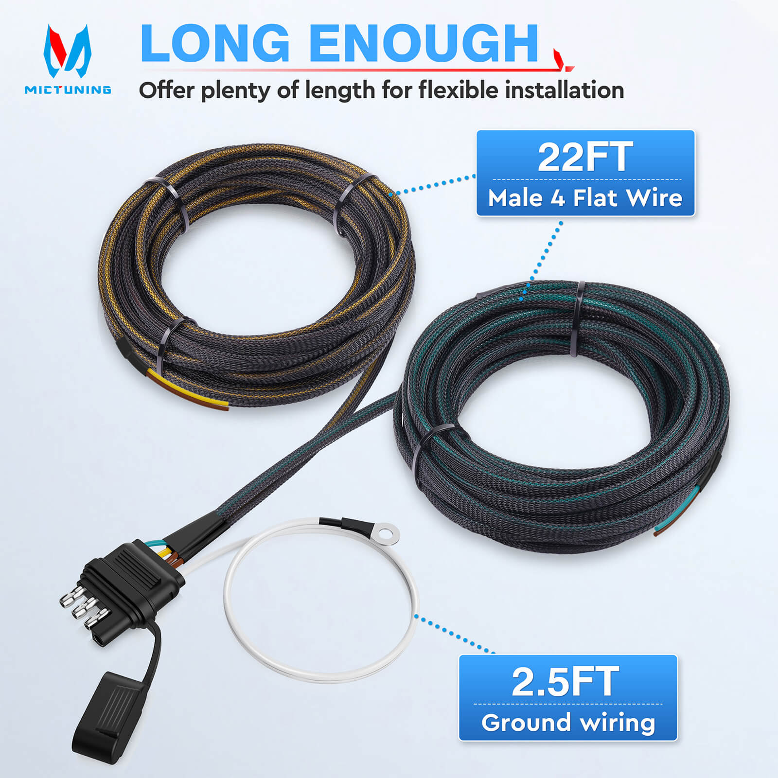 4 Pin 5 Wire Trailer Light Wiring Harness 22FT/50FT - Wishbone 4-Way Flat 5 Wire Plug for Rewiring Both-Side Taillights, Trailer End Connector