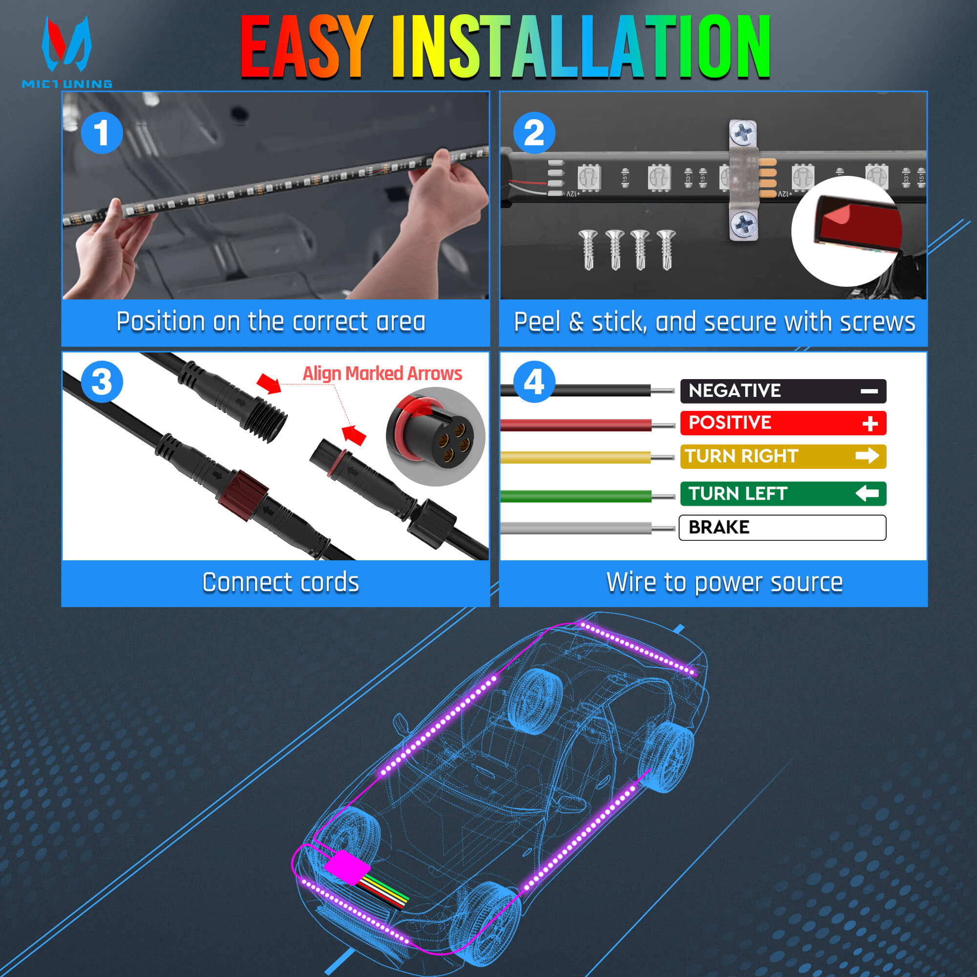 RGB Car Underglow Neon Accent Strip Lights, APP & Remote Control, Sound Active Function, Music Mode(2x35″+2x47″/4x35″+2x47″ )