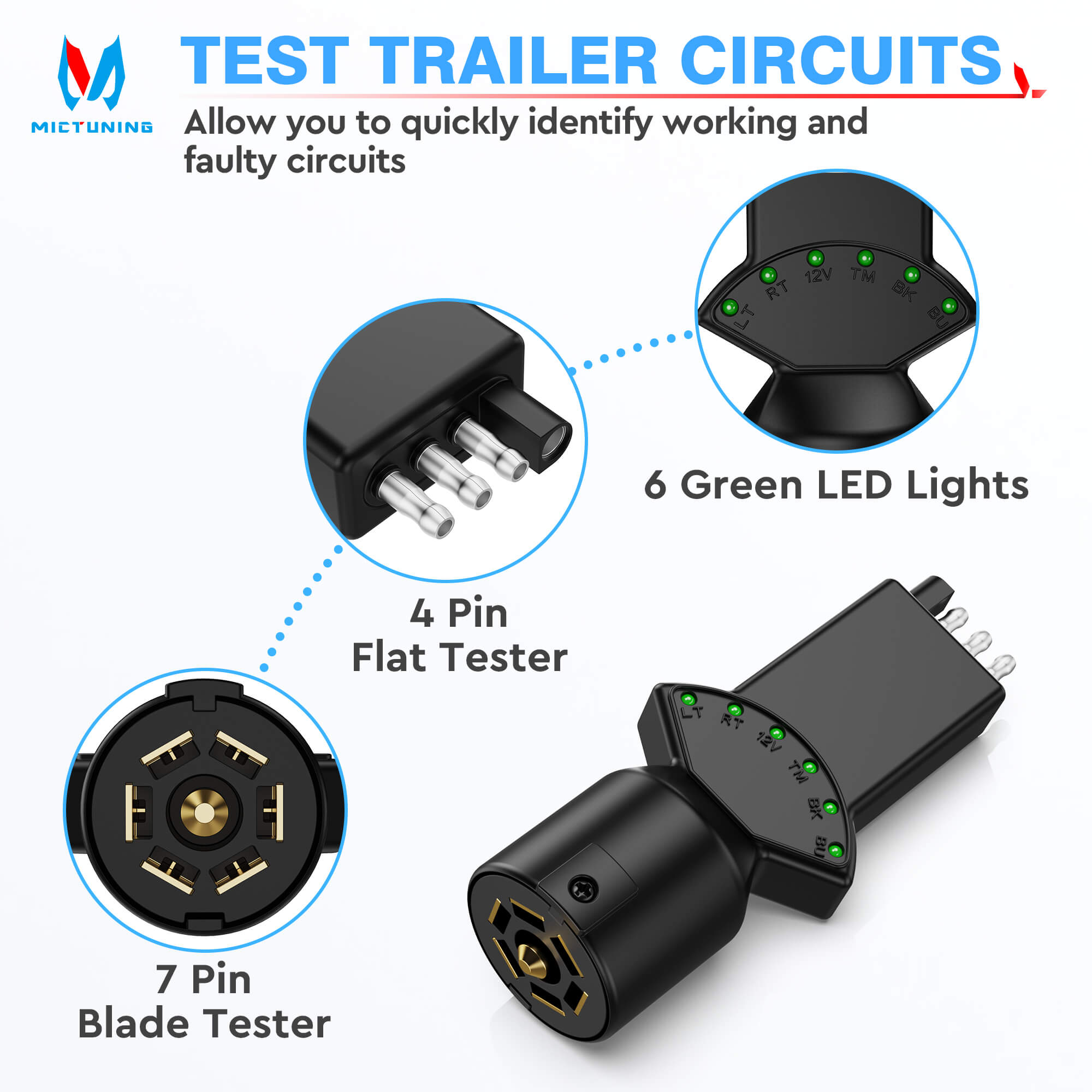 4 and 7 Pin Trailer Plug Tester, Multi-Function 7 Way Blade & 4 Pin Flat Trailer Light Circuit Tester with 6 LED Indicators