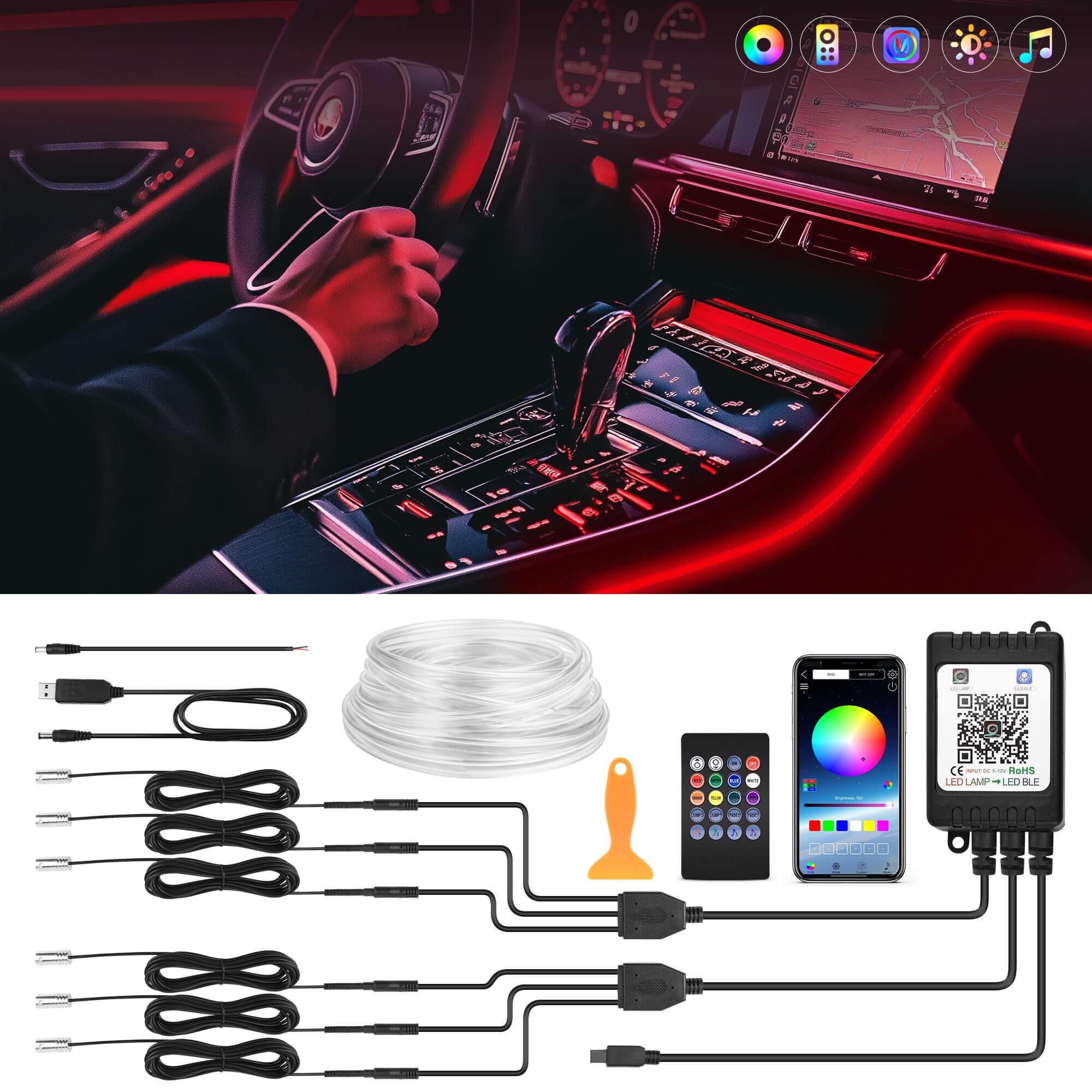 Interior Car LED Strip Lights, RGB Neon Ambient Lighting Kit with Fiber Optic Tubing, 16 Million Colors, Wireless APP & Remote Control, 6-in-1 /8-in-1 /10-in-1