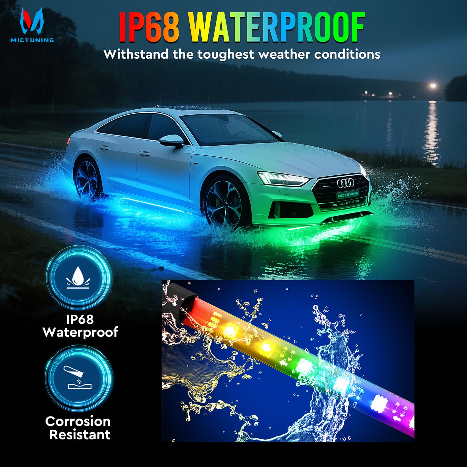 RGB+IC Car Underglow Neon Accent Strip Lights, APP & Remote Control, Sound Active Function, Music Mode(2x35″+2x47″/4x35″+2x47″ )