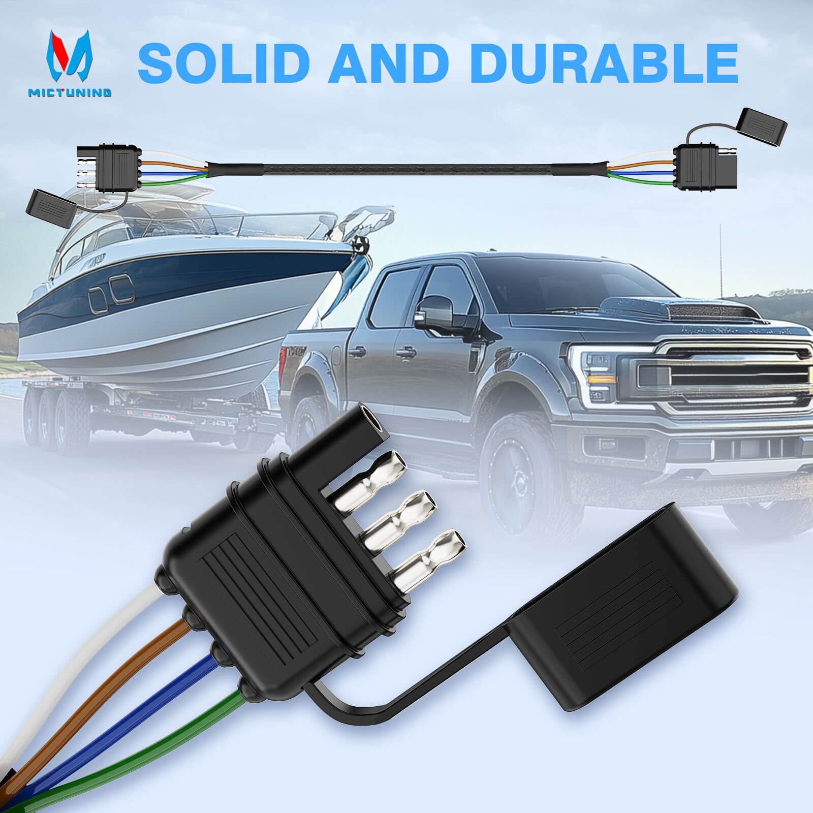 4 Pin Flat Trailer Extension Cable 12 inch, 16 AWG Pure Copper Wire Vehicle-Side and Trailer-Side 4 Way Connector