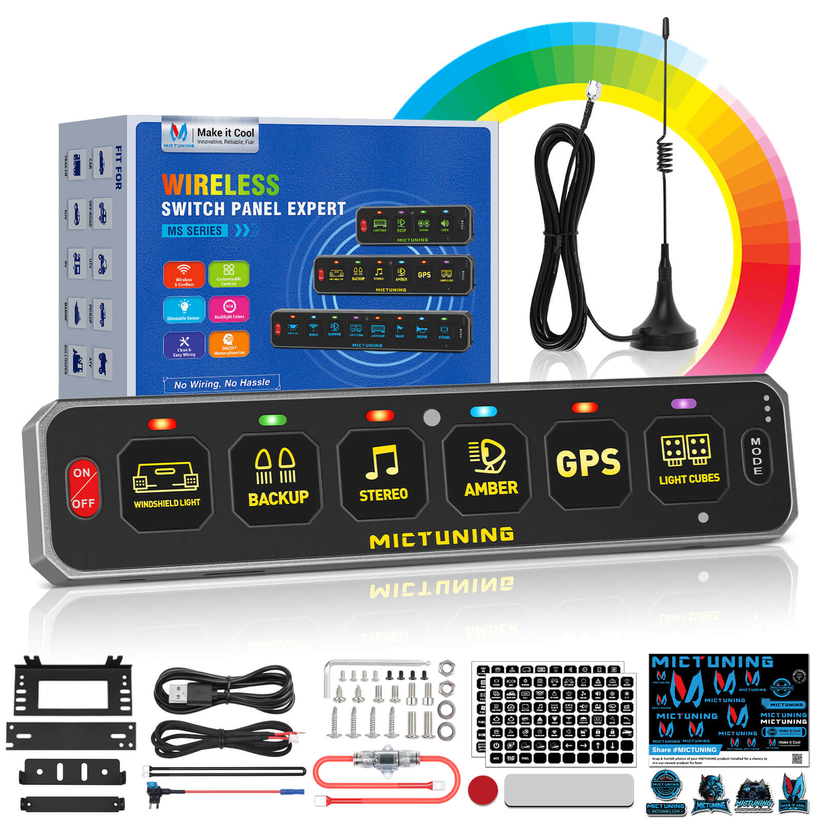 MS-W Slim Wireless Switch Panel, Up to 208FT Range, 6 Gang/8 Gang Toggle Momentary Strobe Pulsed Flash, RGB Dimmable Backlit
