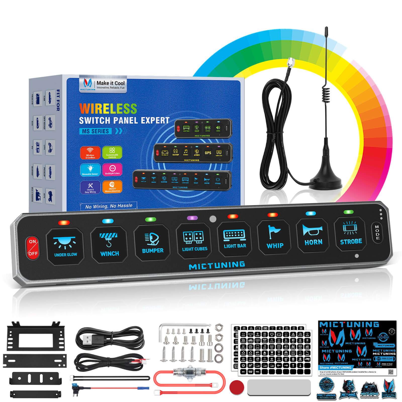 MS-W Slim Wireless Switch Panel, Up to 208FT Range, 6 Gang/8 Gang Toggle Momentary Strobe Pulsed Flash, RGB Dimmable Backlit