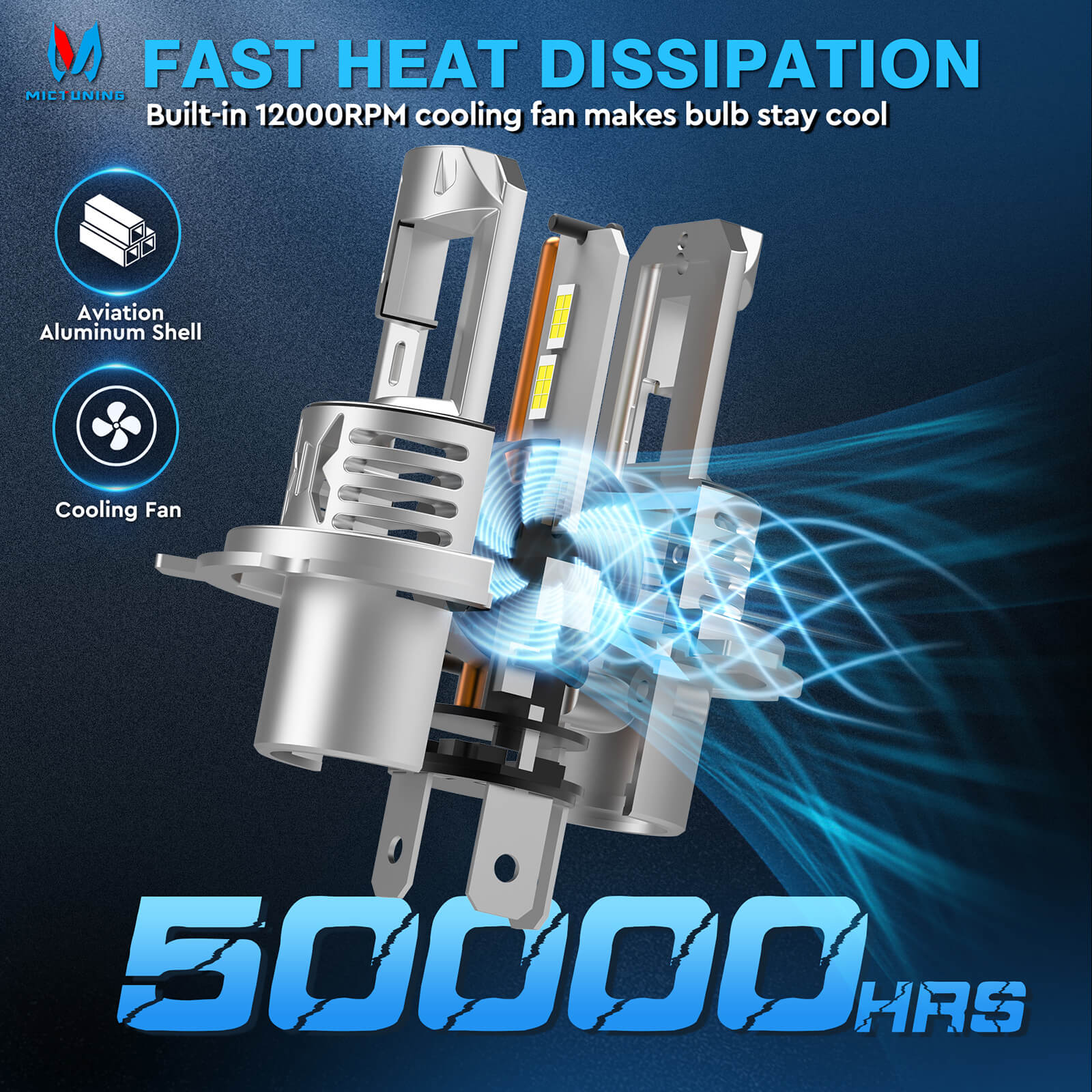 H4/H19 LED Headlight Light Bulbs, Super Bright 8000LM 6000K White with Cooling Fan, 1:1 Mini Size Plug and Play Car Fog Light, Pack of 2