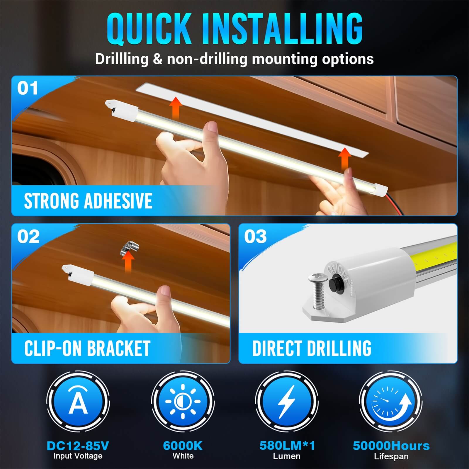 COB LED Interior Light Bar 4pcs, 6000K Strip Lights with ON/Off Switch, for Enclosed Cargo Trailer Car RV