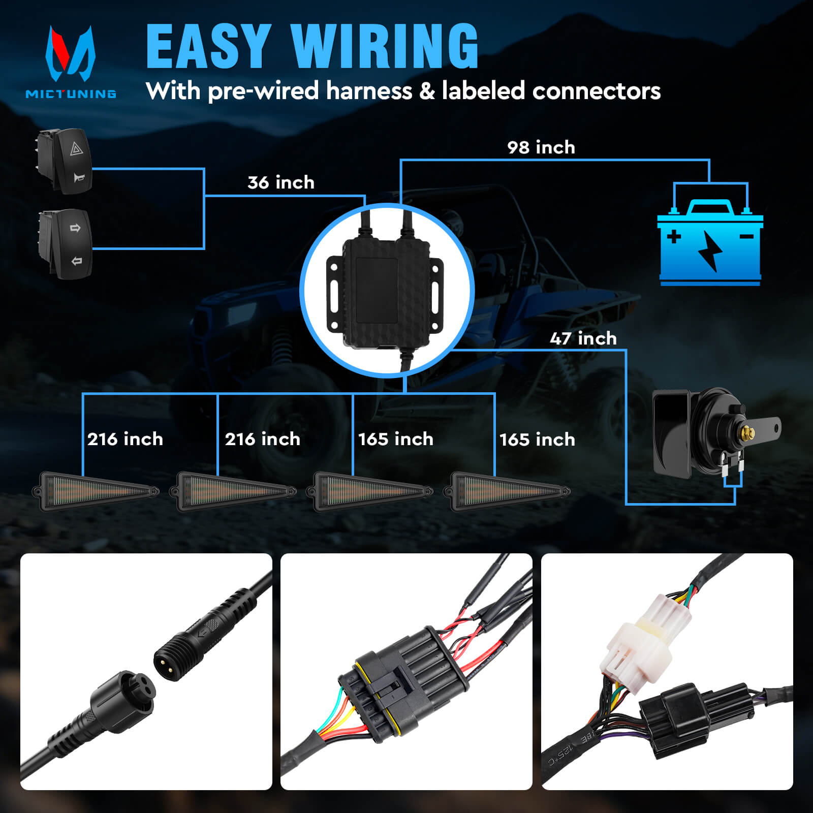 UTV Turn Signal Kit with 110D Horn, Pre-Wired, Plug and Play UTV ATV Blinker with Rocker Switch, Triangle Flowing Street Legal Turn Signals for Polaris, Can-Am, Teryx, CFMOTO