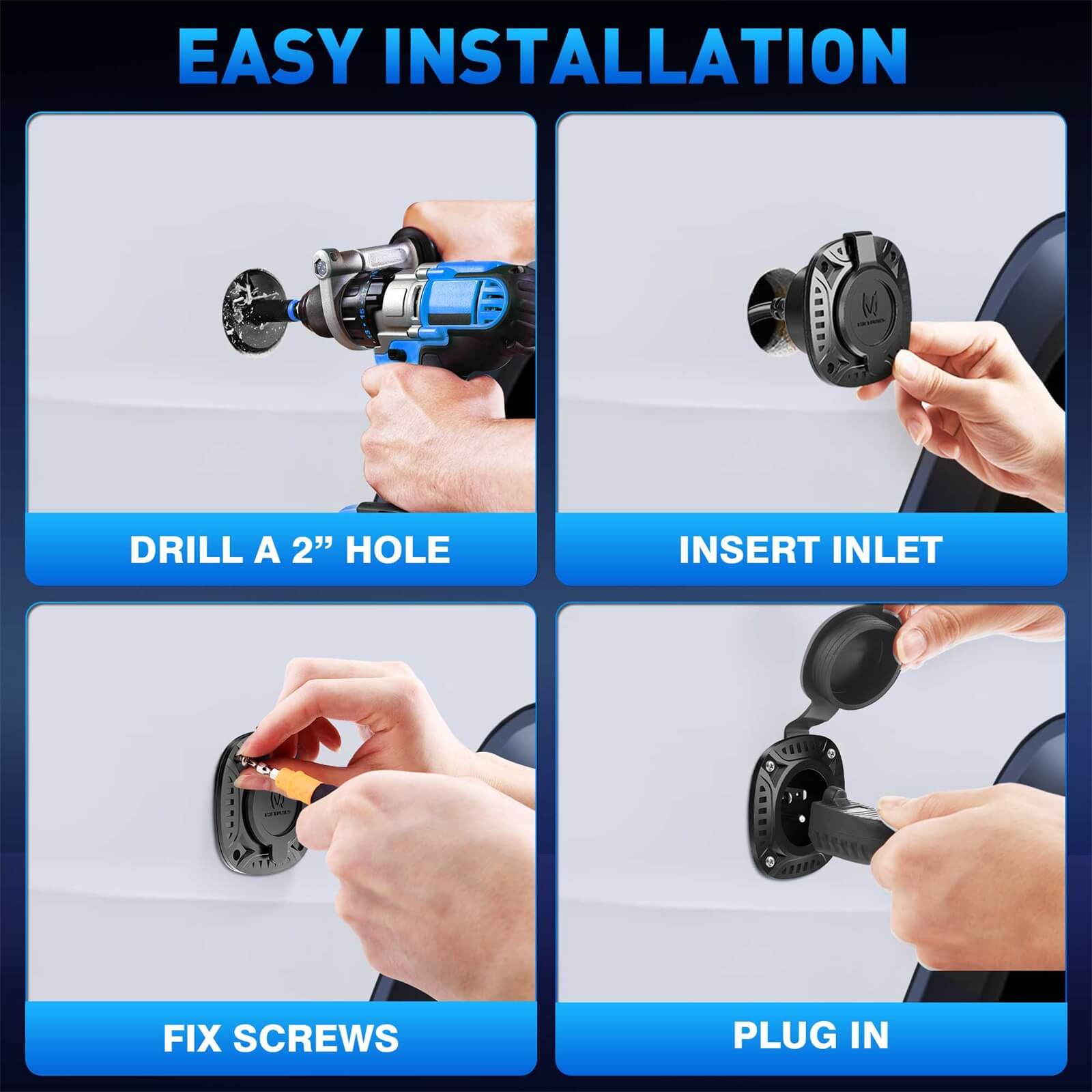 5-in-1 AC Port Plug 20A 125V, RV Shore Power Inlet Plug with T-Blade Adapter, w/ Hole Saw