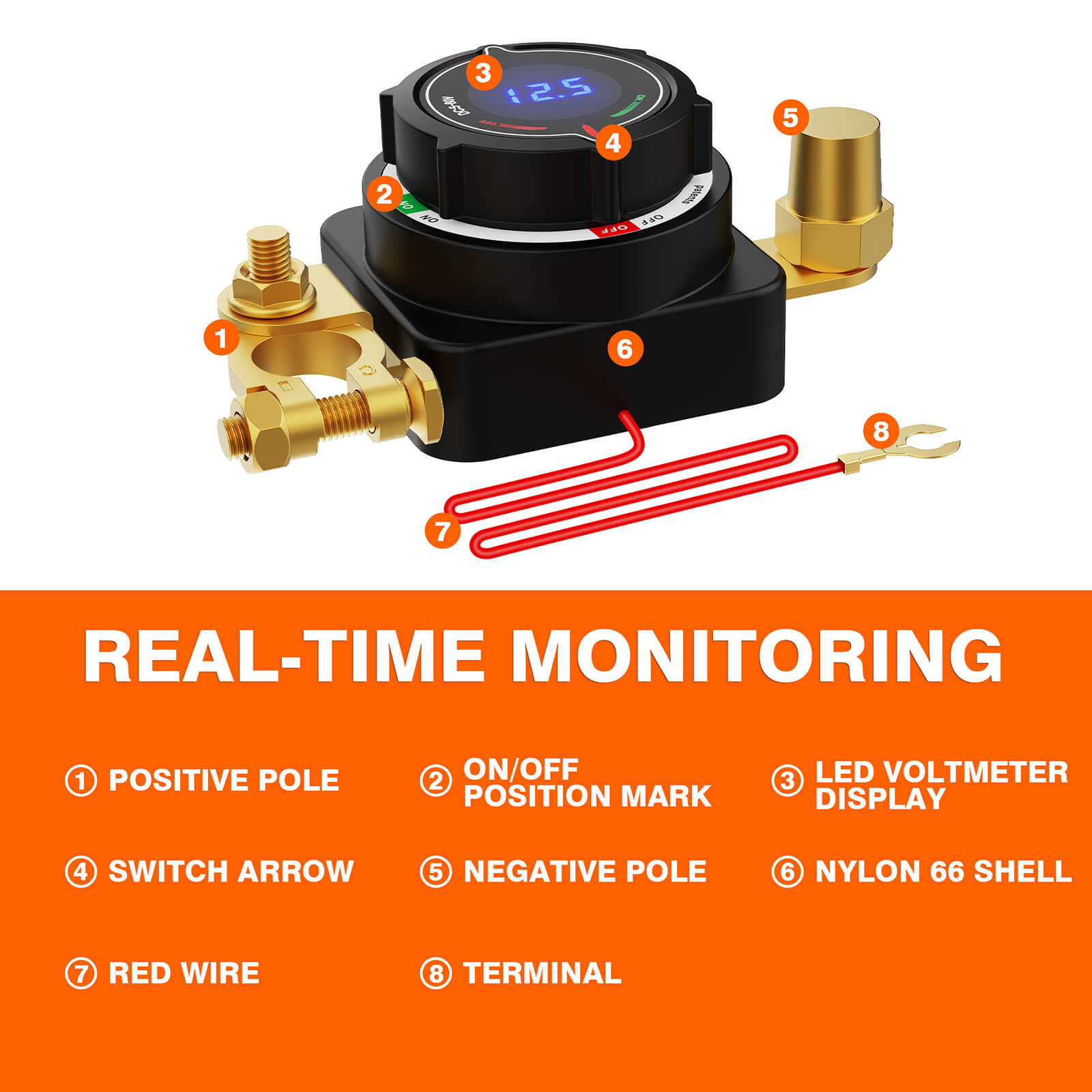 Battery Disconnect Switch with Voltmeter, DC 5-80V Master Isolator On Off Kill Switch Power Cut/Shut Off Switch