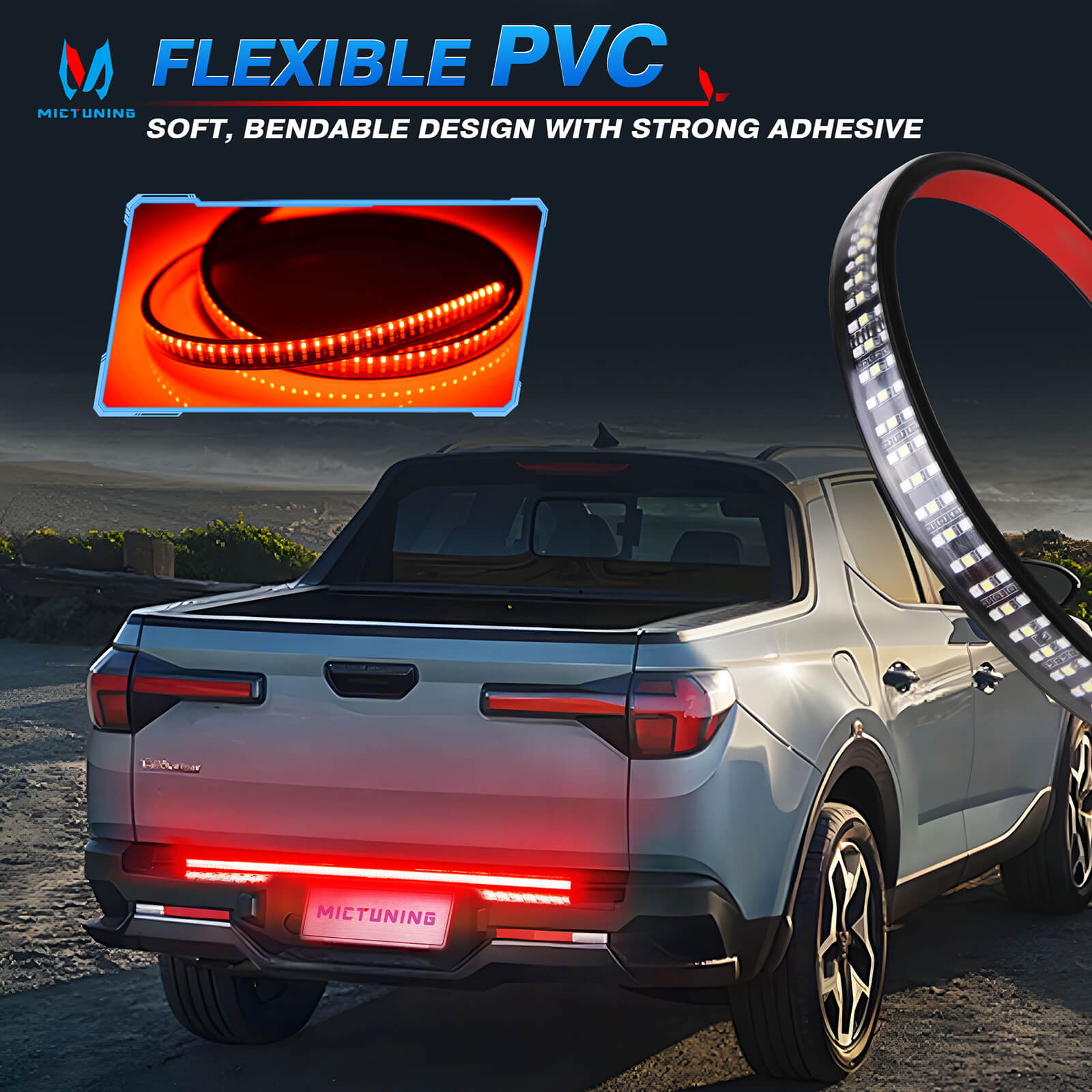 48" Truck Tailgate Light Strip Triple Row 360 LED with Red Running Brake Sequential Turn Signal, Strobe & White Reverse Lighting