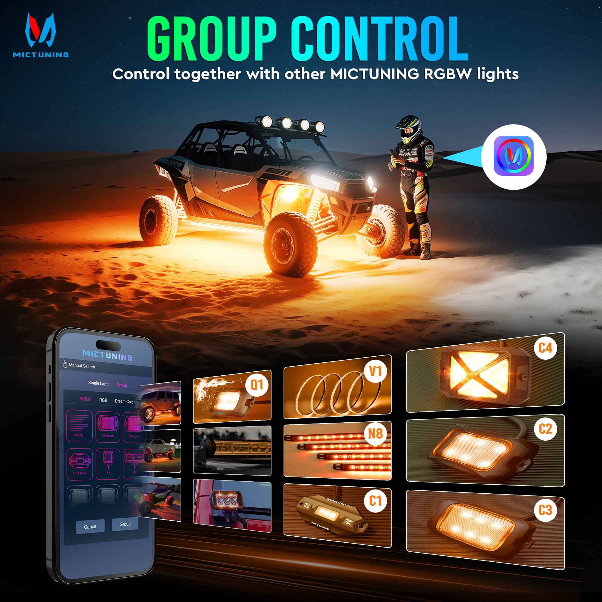 MS-W Slim Wireless Switch Panel Up to 208FT Range 6 Gang/8 Gang Bundle with C4 4-Sided RGBW LED Rock Lights 8-16 Pods