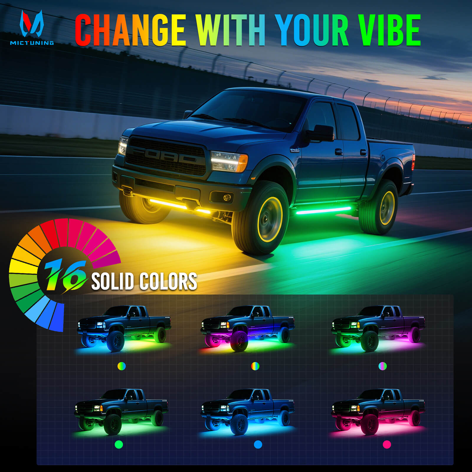 U8 RGB+IC/RGBW/RGB Underglow LED Light Bar, Dual Remote Control, Chasing Color Underbody Light Strip with Aluminum Housing, IP68 Waterproof, 8pcs