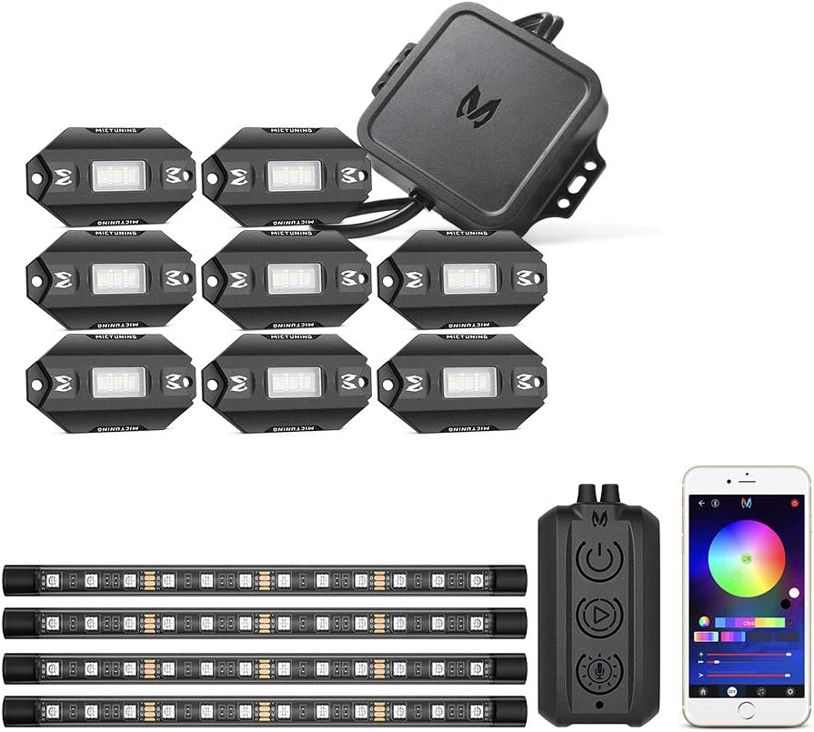C1 8 Pods RGBW LED Rock Lights Bundle with N1 Interior Car Lights 12V 24V Car LED Strip Light 4pcs RGB Ambient Lighting Kit