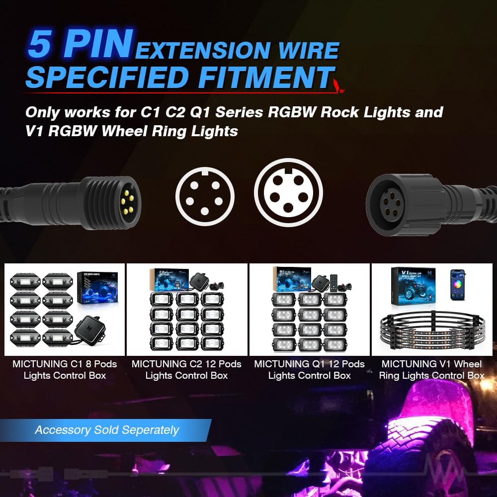 10FT 5Pin Extension Wire Cable Cord for C1 C2 C4 Q1 RGBW Series LED Rock Lights, V1 RGBW Wheel Ring Lights(2 Pack)