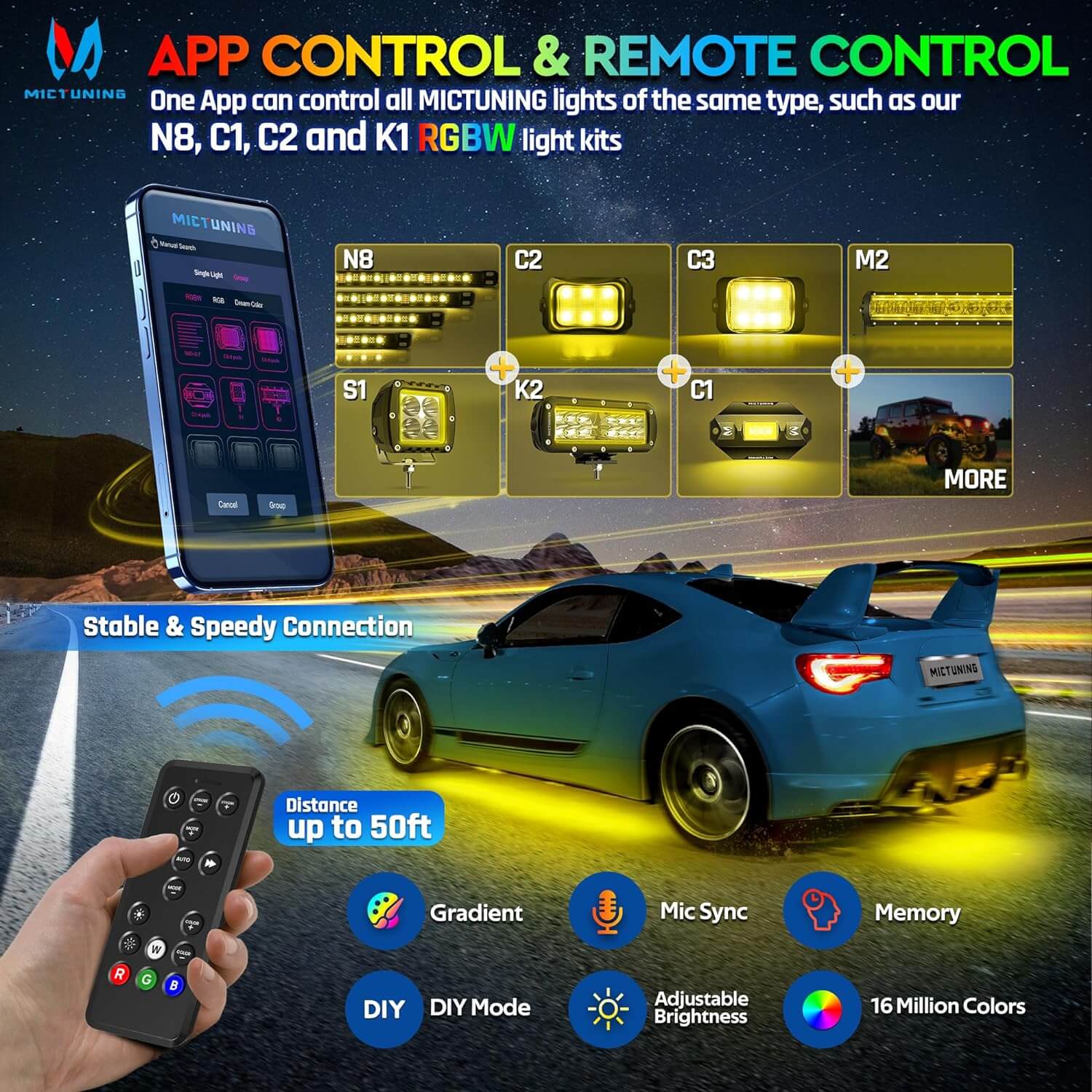 N8 Aluminum LED Car Underglow Light Kit, Exterior Underbody Multicolor Light Strip 8PCS - App+Remote Control(RGBW/RGB+IC)