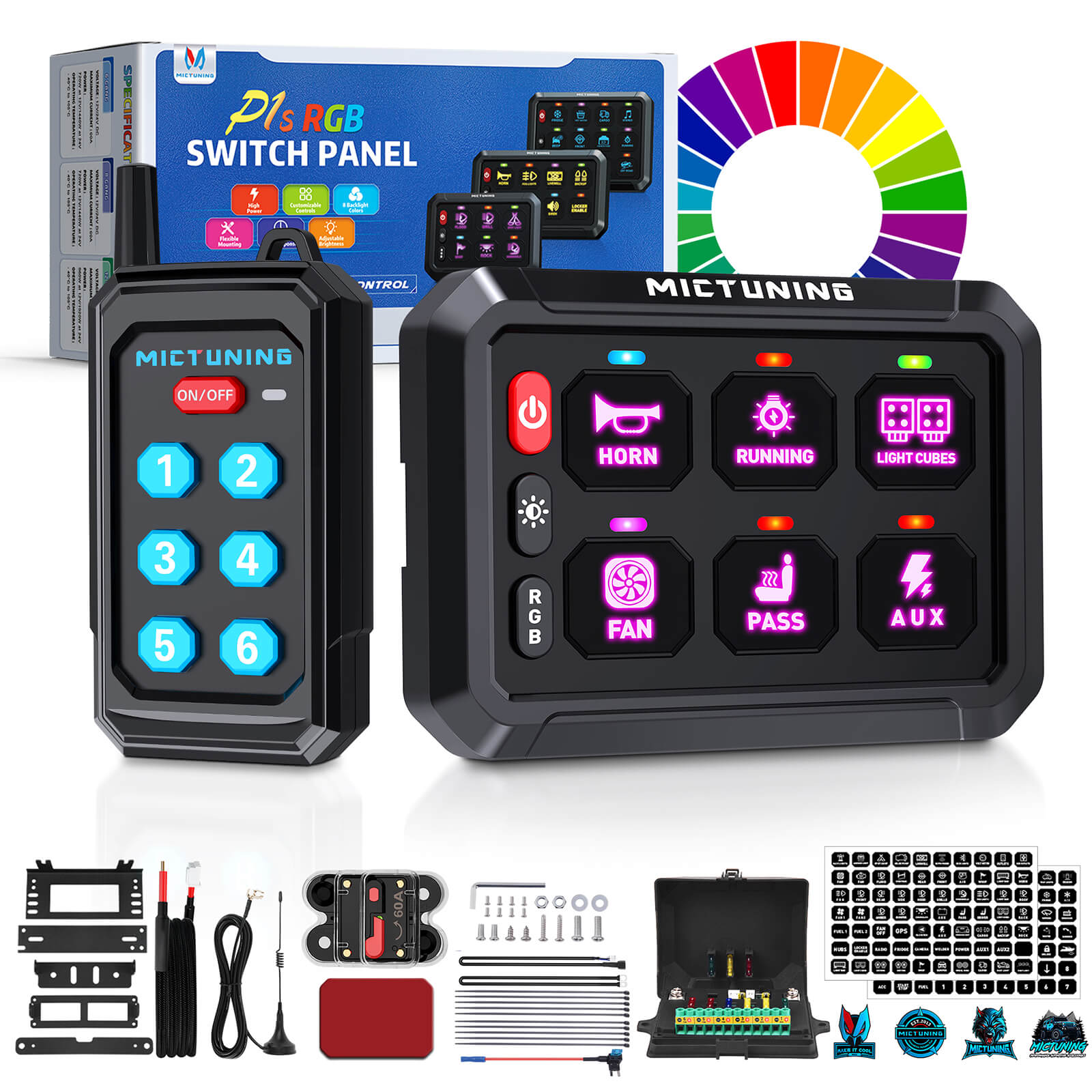 MICTUNING P1Y RGB Switch Panel with Remote Control Range Up to 230FT, 6/8/12 Gang