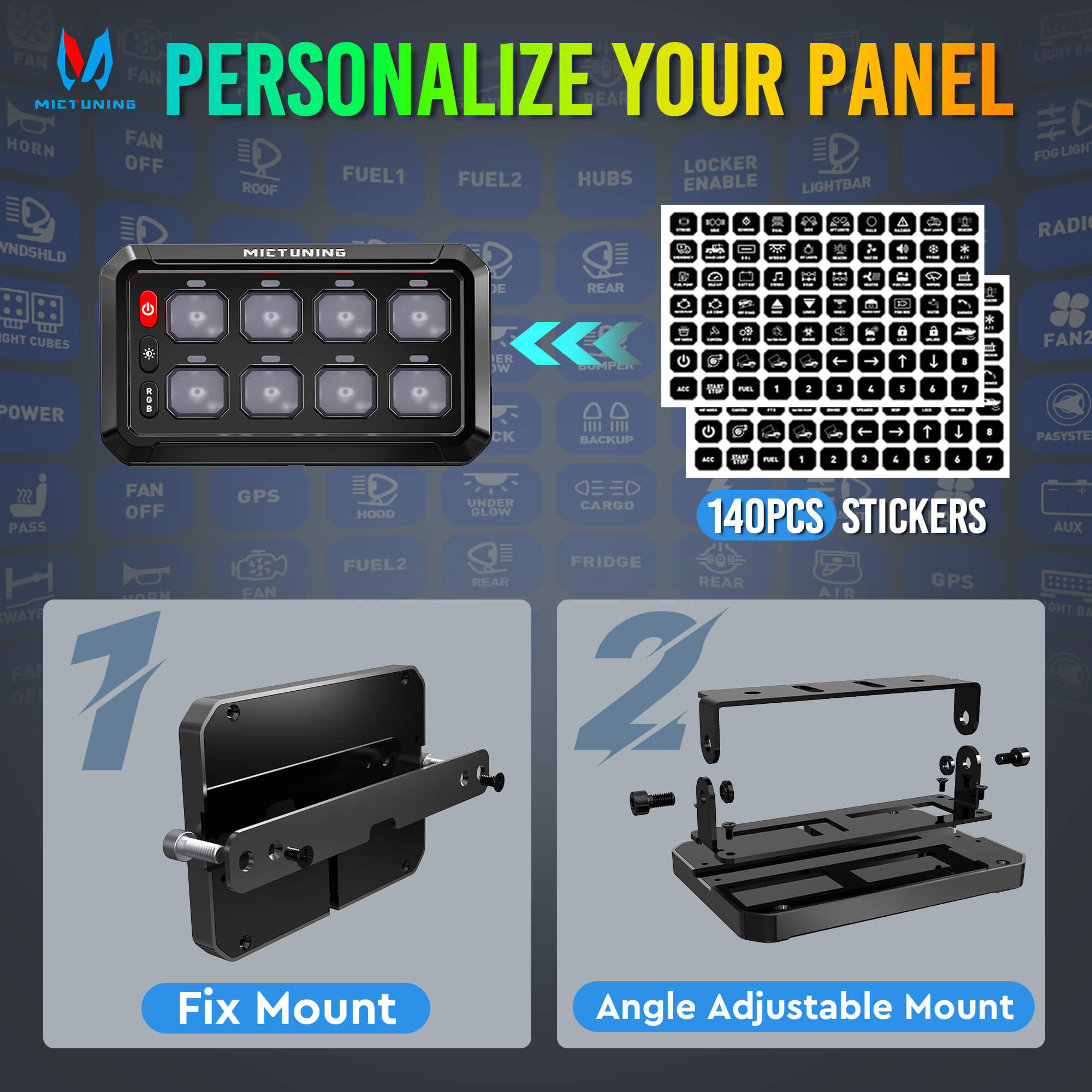 P1s-R 6 Gang/8 Gang Switch Panel, RGB Colors Adjustable Brightness, On-Off Toggle Switch Momentary Circuit Control Relay System Box