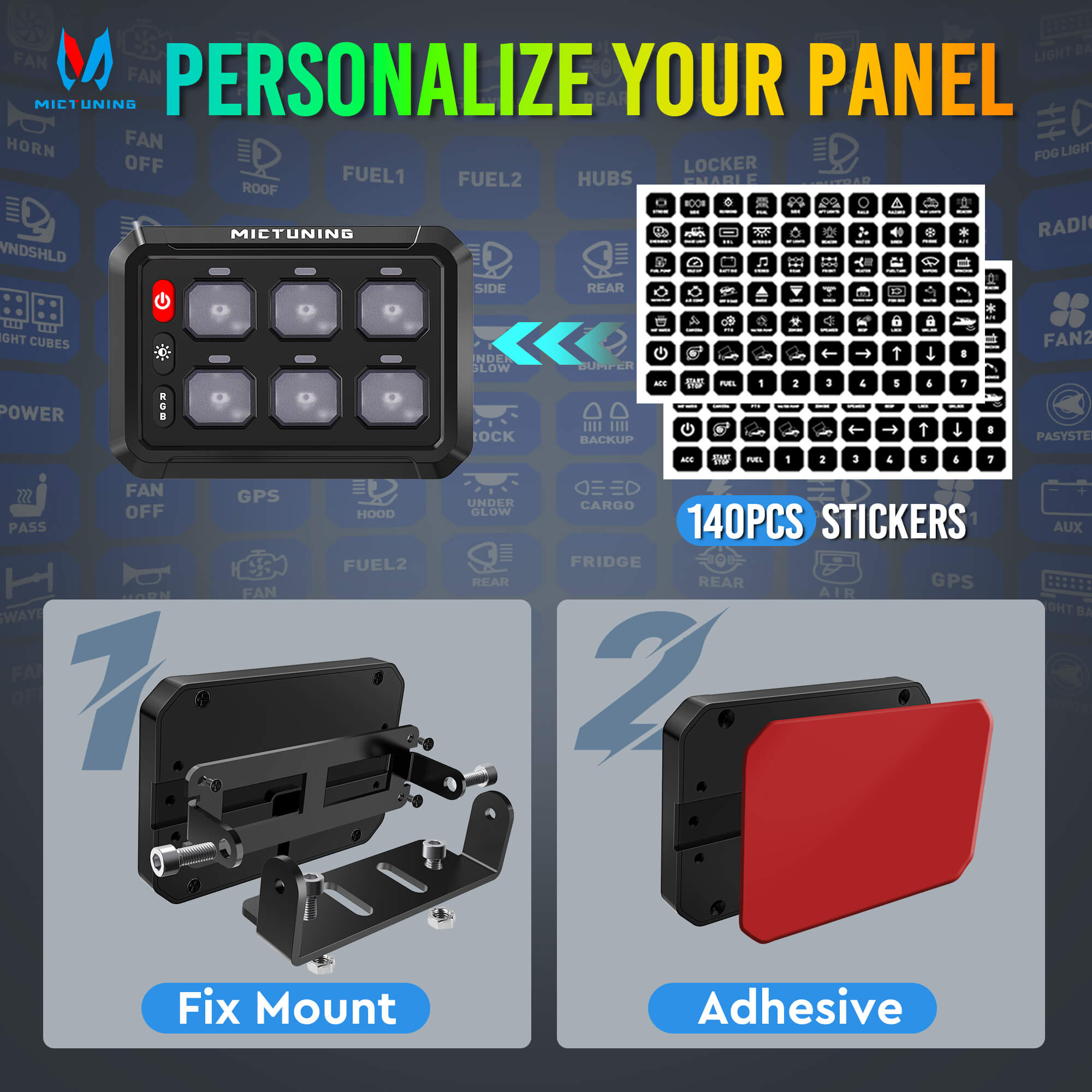 P1s-R 6 Gang/8 Gang Switch Panel, RGB Colors Adjustable Brightness, On-Off Toggle Switch Momentary Circuit Control Relay System Box